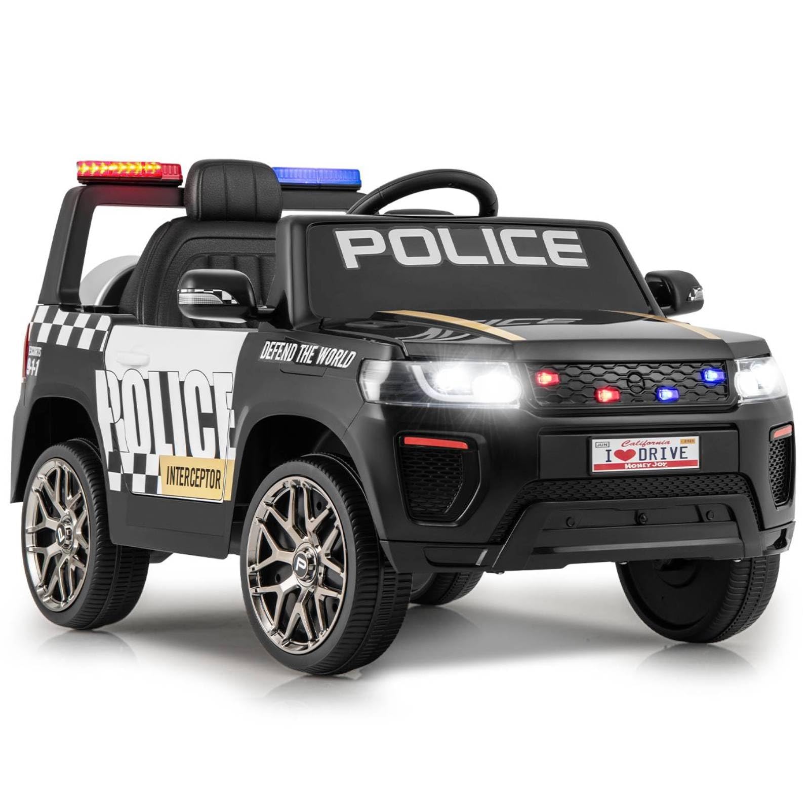 GYMAX Kids Ride on Police Car, 12V Battery Powered Car with Remote Control, Wireless Connection, USB, Music, Radio, Horn and Siren Flashing Lights, Children Electric Vehicle for 3-8 Years Old (Black) — image 1