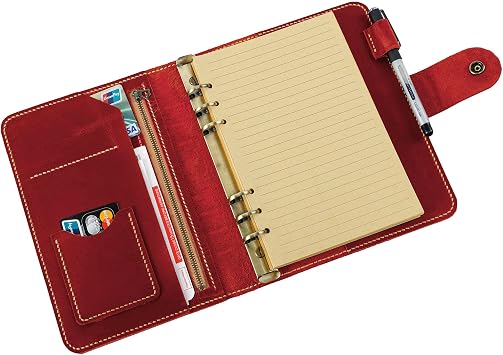 Personalized Size A5 6 Ring Leather Refillable Planner Binder, Travelers Journal, Sketchbook, Distressed Leather, Travel Journal For Men Women Lined Paper 160 PagesRed, Customized Gift