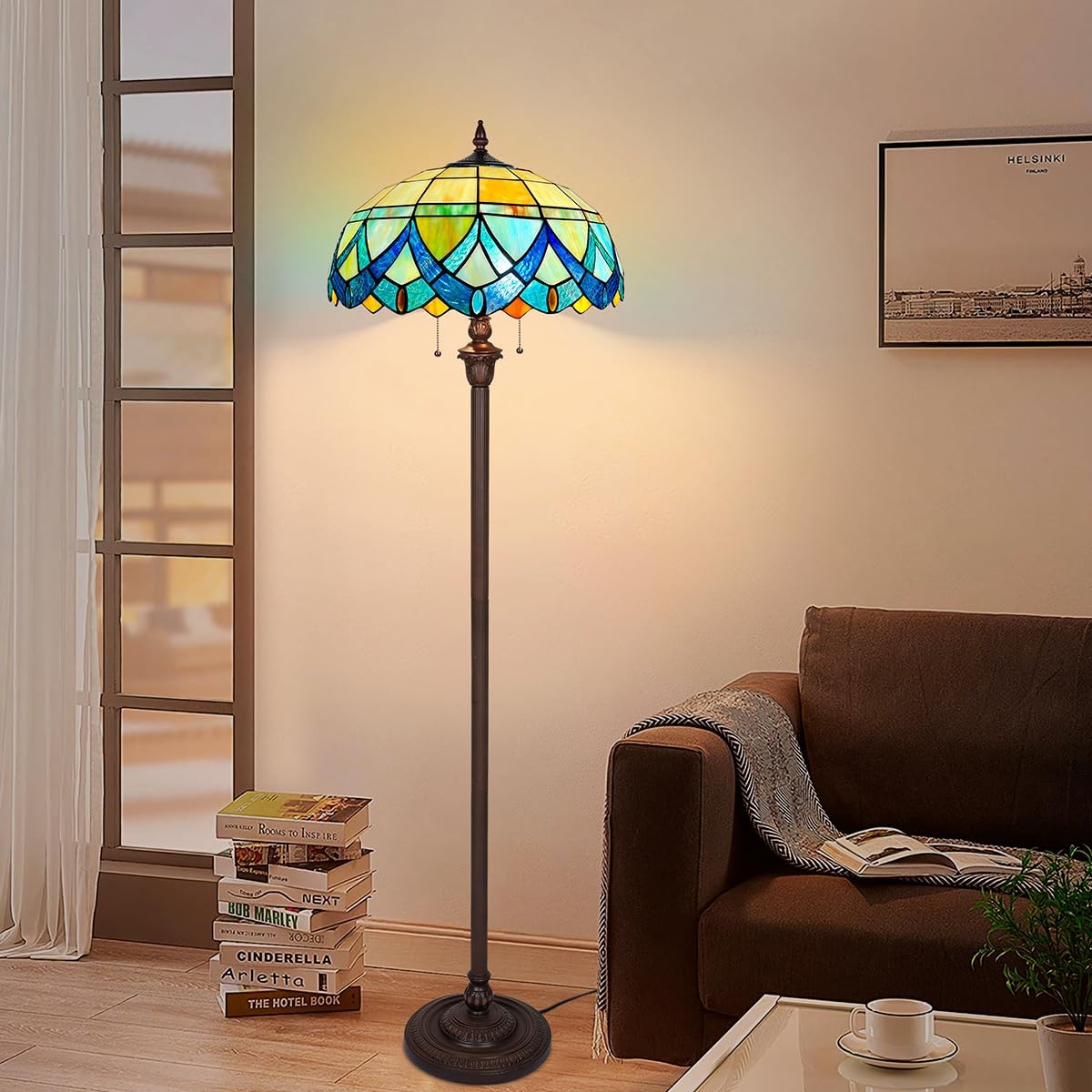 Tiffany Floor Lamp for Living Room,Antique Style Tall Standing Lamp,Stained Glass Lamp Shade,Pole Light Reading for Bedroom Office