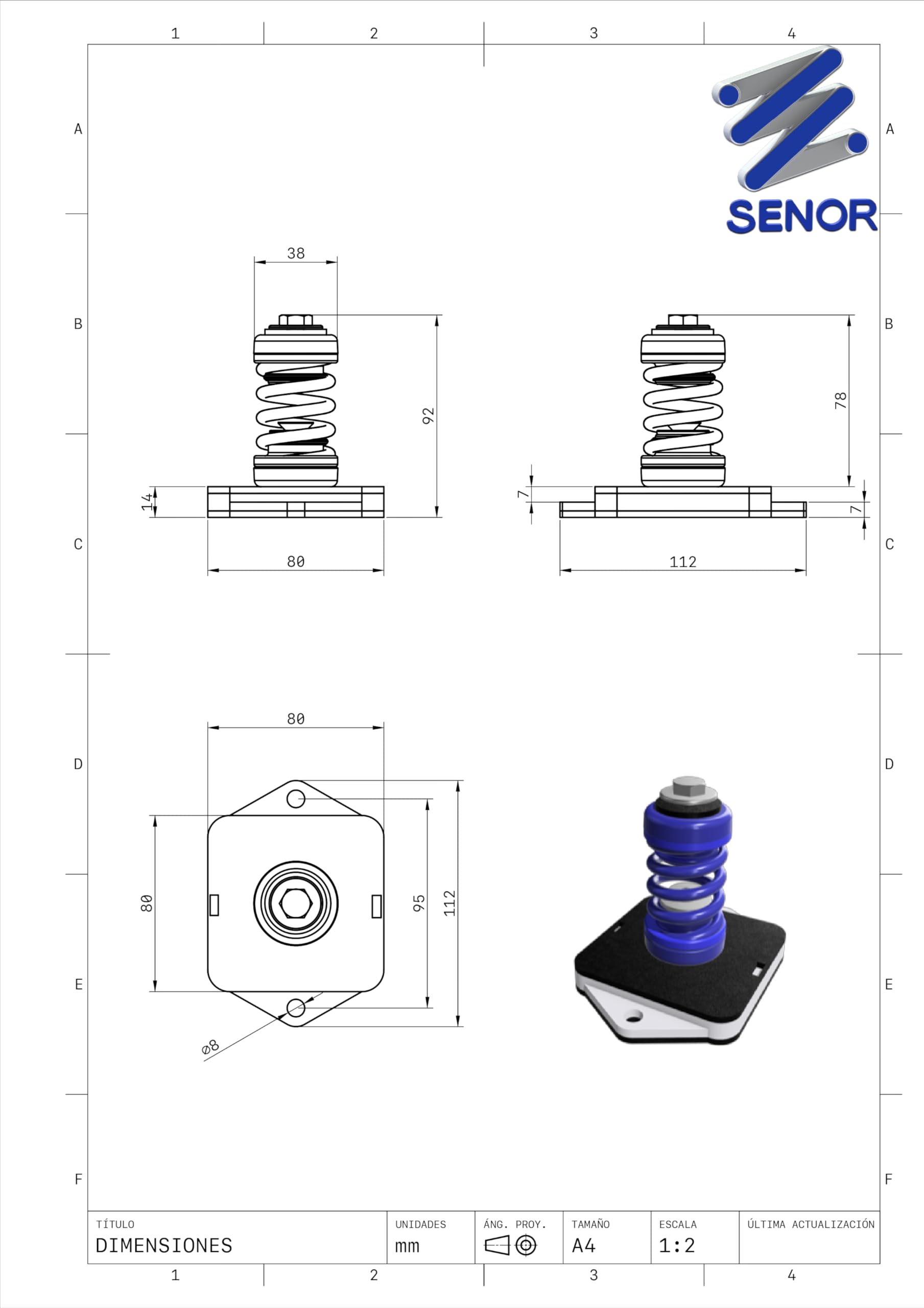 Senor Antivibrantes con Muelle para Unidades Exteriores de Sistemas de Climatización, Soportes Antivibratorios para Motores de Aire Acondicionado, Megol, Juego de 4, Capacidad Máx 300 Kg (Azul)