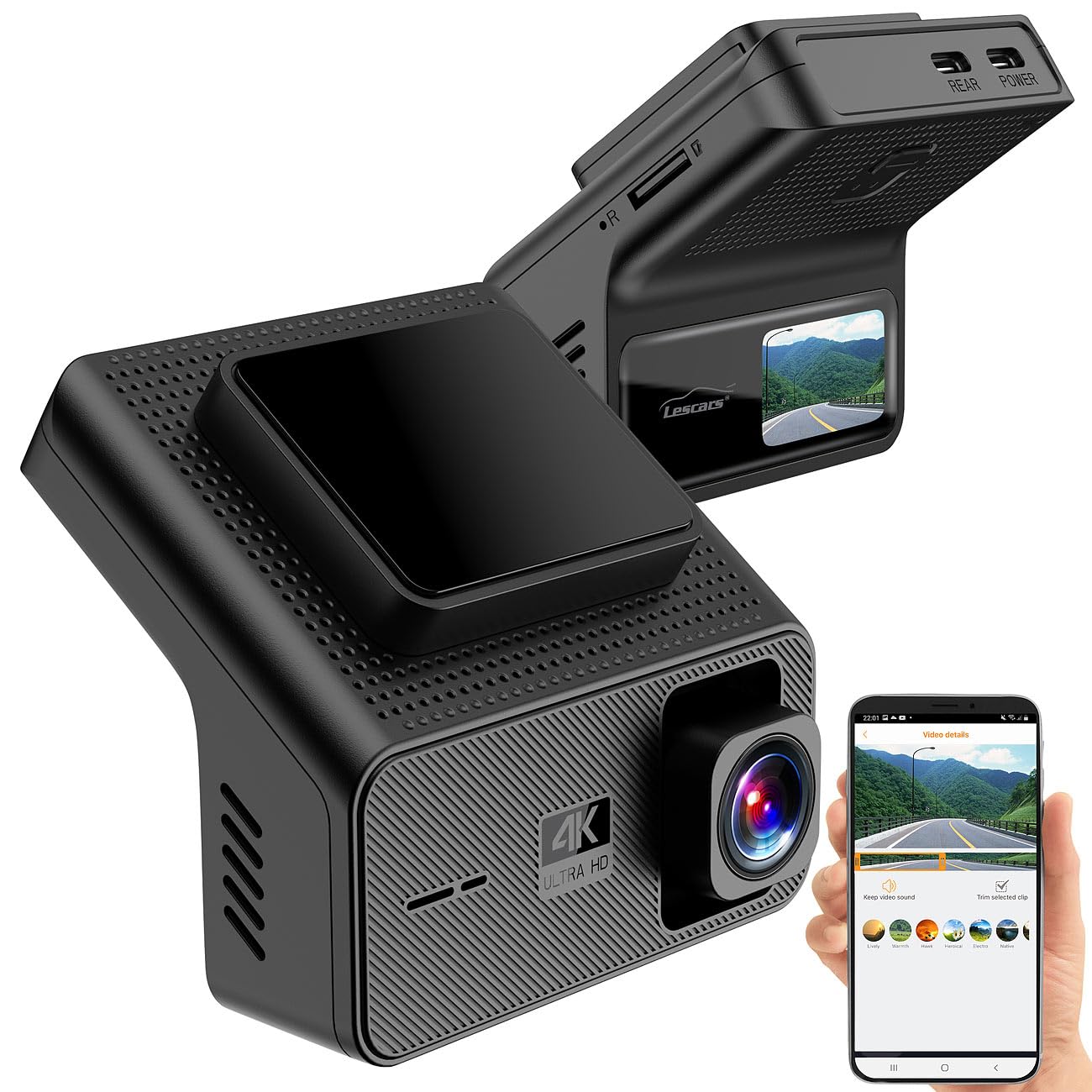 Lescars dash cam: Dashcam 4K-UHD, con telecamera di retromarcia Full-HD, GPS, 1,47"-IPS-Display (telecamera per auto con registrazione gps, per parcheggio, veicolo)