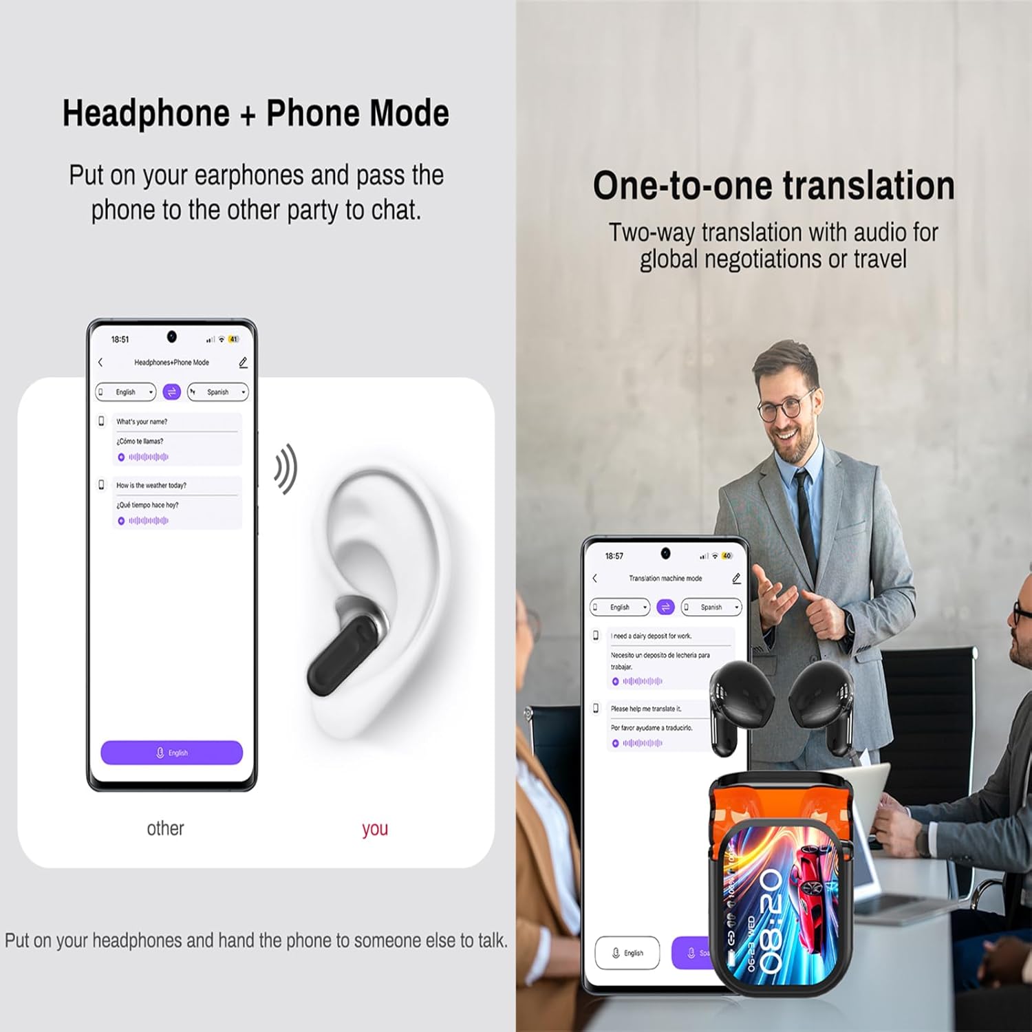 NE20 Translation Earbuds, NE20 Earbuds, Color Screen Noise-Canceling Translation Headphones, with 134 Language AI Translate Real Time, Bluetooth 6.0 LED Display Wireless Earphones (Black)