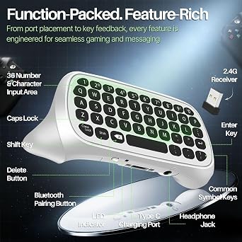 TNP Wireless Keypad Chatpad for Xbox One Controller S/X & Series S/X - 2.4GHz Mini Plug-and-Play with USB Receiver, 3.5mm Audio Jack, Message Text Pad for Xbox Controller Keyboard Attachment (White)