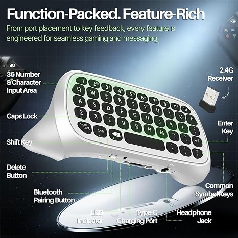 TNP Wireless Keypad Chatpad for Xbox One Controller S/X & Series S/X - 2.4GHz Mini Plug-and-Play with USB Receiver, 3.5mm Audio Jack, Message Text Pad for Xbox Controller Keyboard Attachment (White)