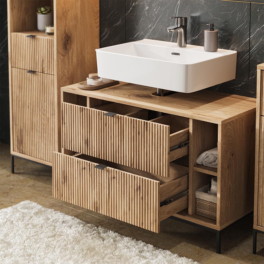 Vicco Mueble bajo Lavabo Eliza, Roble Vikingo, 100 x 63 cm | Con 2 cajones extraíbles, para instalación bajo el lavabo y compatible con la serie Eliza