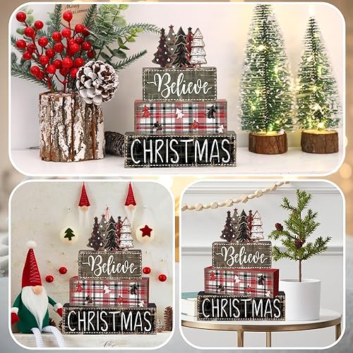 Miniatura 5 de DIYDEC 4 piezas de decoración de mesa de Navidad, árbol de Navidad, letrero de bloque de madera, decoración de bandeja escalonada de Navidad, pieza