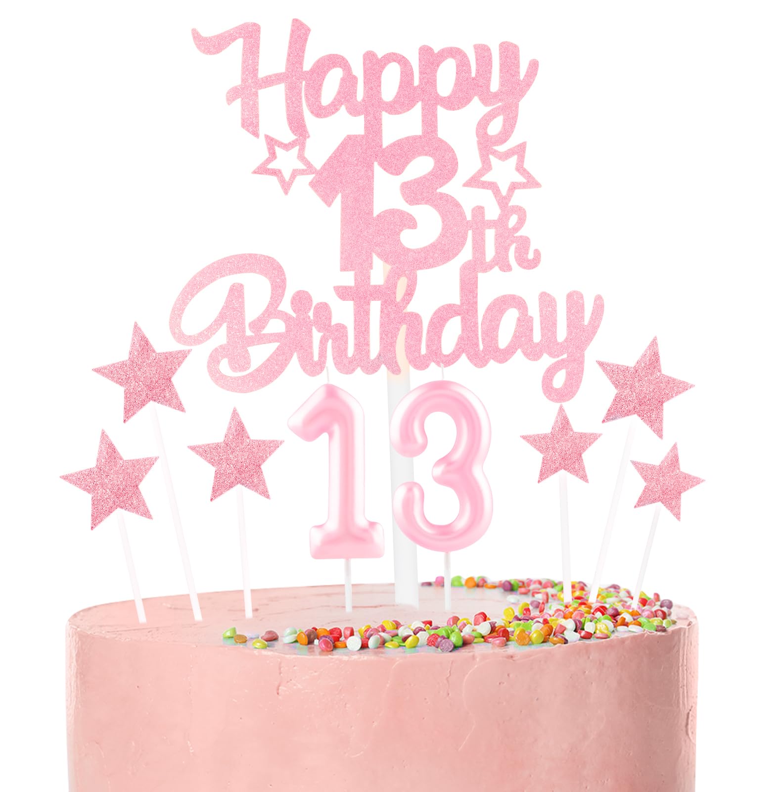 Pink Happy 13th Birthday Candles Cake Topper Set,Glitter Number 13 Birthday Candles with Pink 13th Birthday Cake Toppers Star Cupcake Toppers for Girls Anniversary Decorations โ image 1
