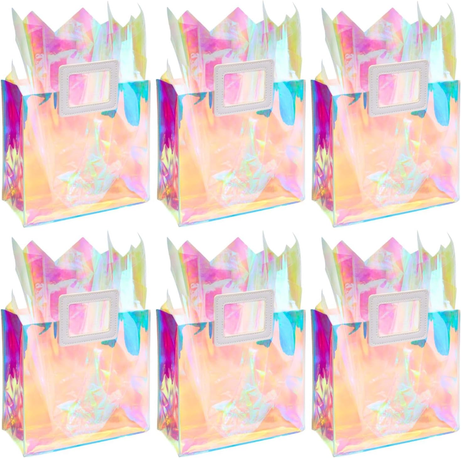 8.3'' Holographic Small Gift Bag with Tissue Paper Reusable Birthday Gift Bag for Girls Women Iridescent Bachelorette Wedding Bridal Bridesmaid Tote Bag (Pack of 6, S- Coral)