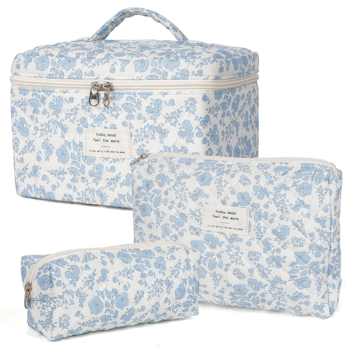 3PCS Makeup Bag Set,Cotton Quilted Makeup Bag,Floral Large Travel Cosmetic Bag,Flower Travel Toiletry Bag, Cute Aesthetic Toiletry Bag for Women Girls