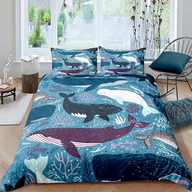 Whales Duvet Cover Ocean Marine Bedding Set Sea Underwater World Comforter Cover for Boys Girls Children Teens Bedroom Decor Creature Sealife Bedspread Cover Single Size With 1 Pillow Case