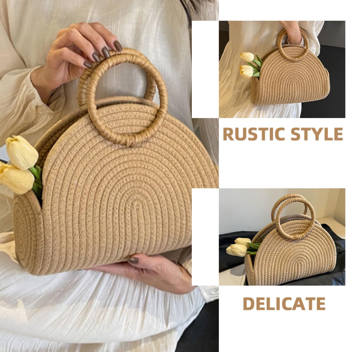 Beaupretty Borsa da Spiaggia Manico Portatile Estiva Intrecciata in Corda di Cotone e Capacità Ampia per Viaggi e Fotografia All'aperti