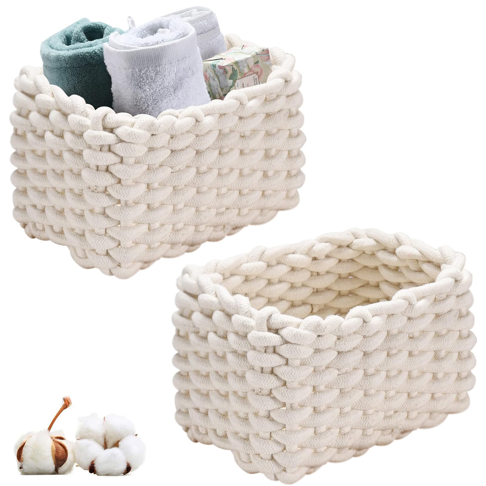 Cestini Portaoggetti, 2 Pezzi Cestini Portaoggetti in Corda di Cotone Intrecciato, 19x15x12cm Cesto Portaoggetti Intrecciato, per Tavolo da Toilette, Bagno, Camera da letto(Bianco)