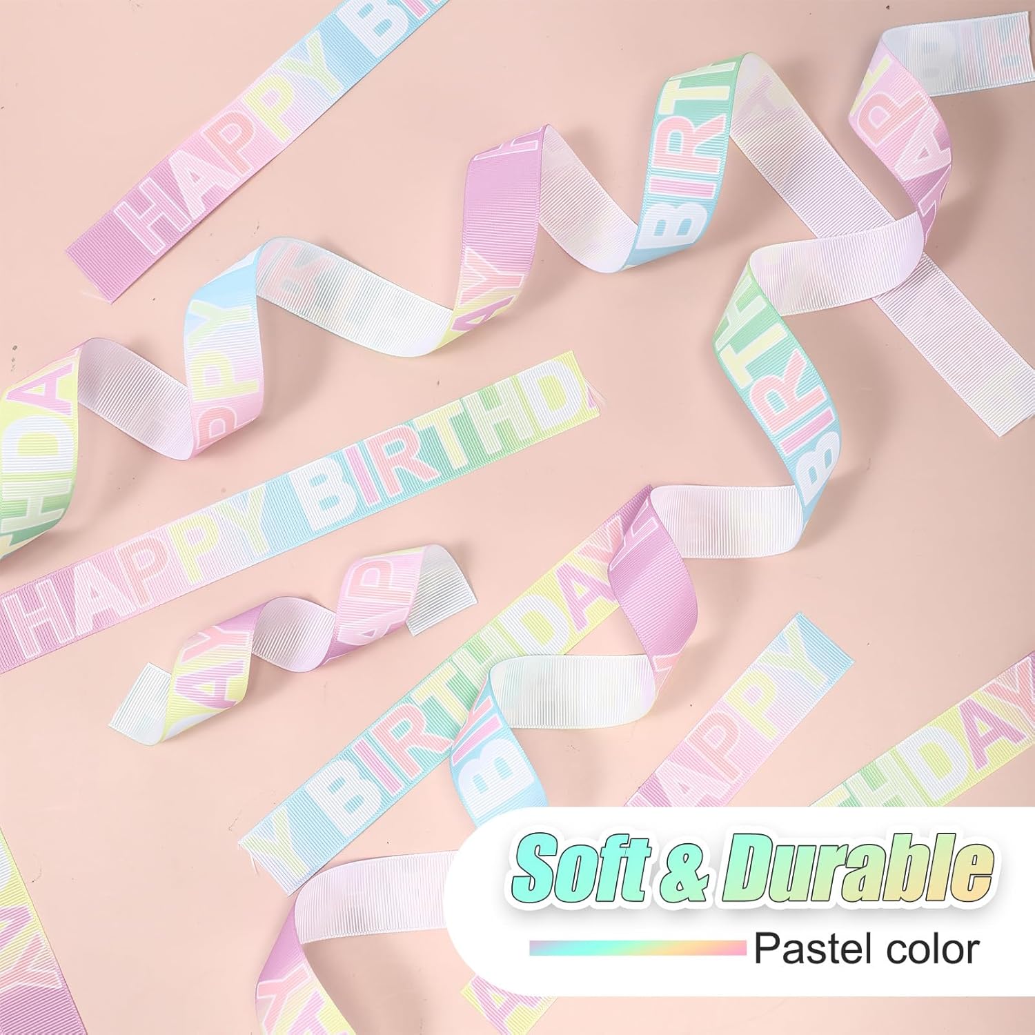HunnmingRe 50 Yard Macaron Happy Birthday Ribbon 1 Inch Grosgrain Wide Pastel Color Birthday Ribbon Rainbow Party Decor for Girls Gift Cake Flowers Wrapping Bow Making DIY Craft Supplies - Image 3