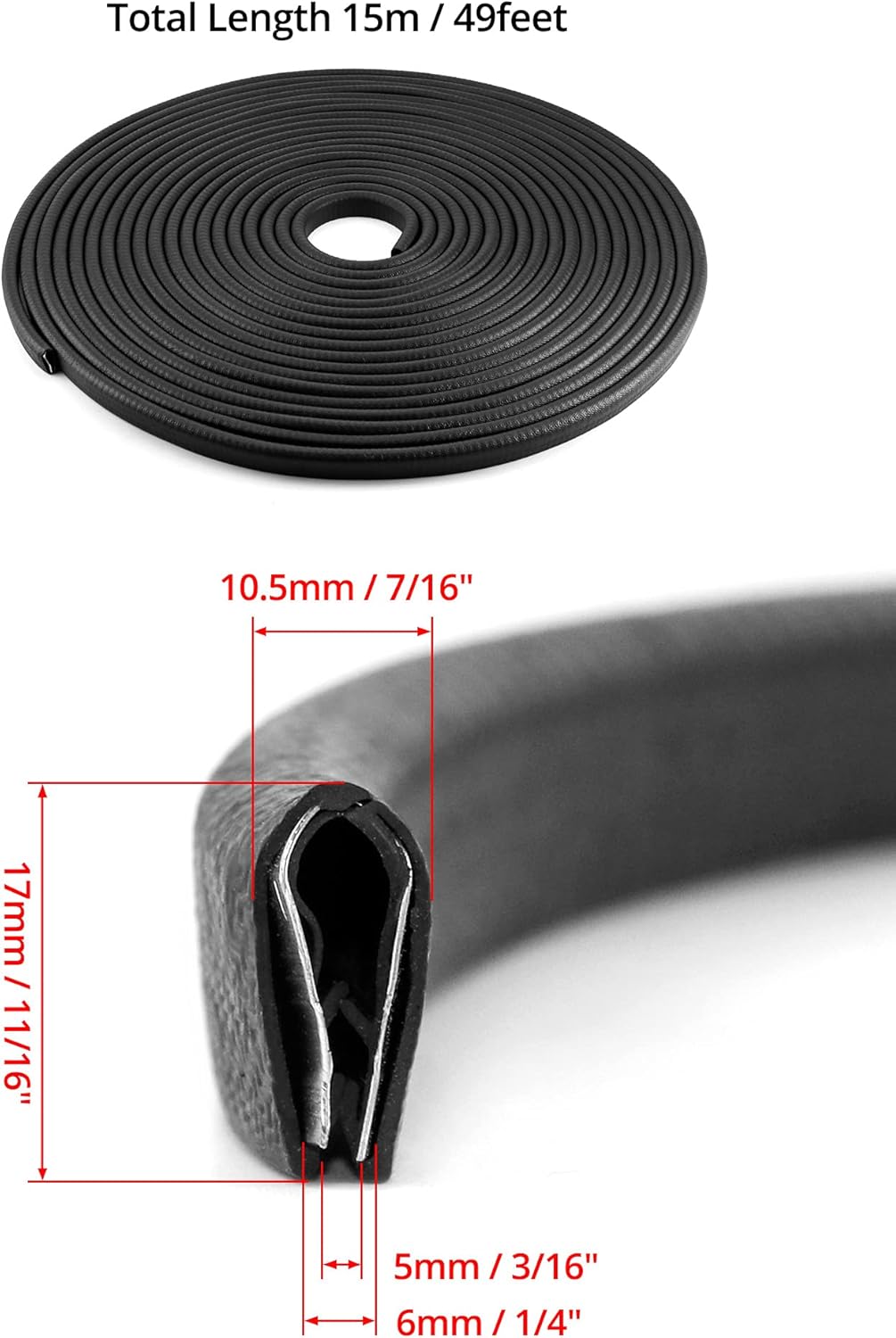 QWORK 50 Feet EPDM Rubber Edge Trim Seal Strip, Fits Edge 1/16" to 1/8"
