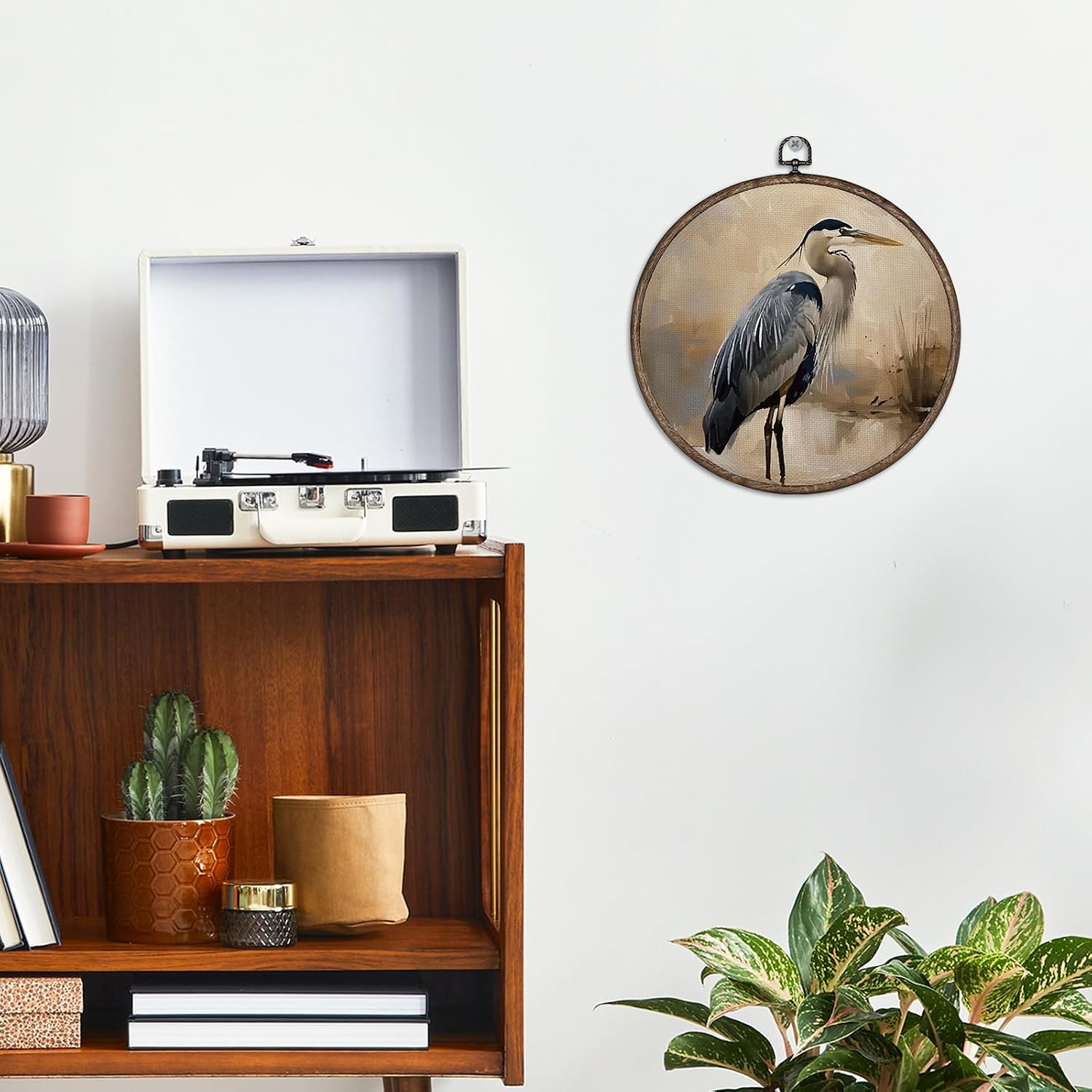 Giosve Blue Heron Round Wall Art Canvas Framed Poster, Vintage Farmhouse Rustic Heron Bird Hanging Wall Sculptures for Home Bedroom Living Room Decor, 10x10 Inch