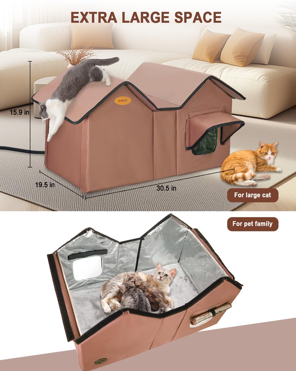 Niche chauffante pour chats d'extérieur en hiver, très grande maison chauffante d'extérieur résistante aux intempéries avec base surélevée et porte d'évasion, abri imperméable pour chats sauvages