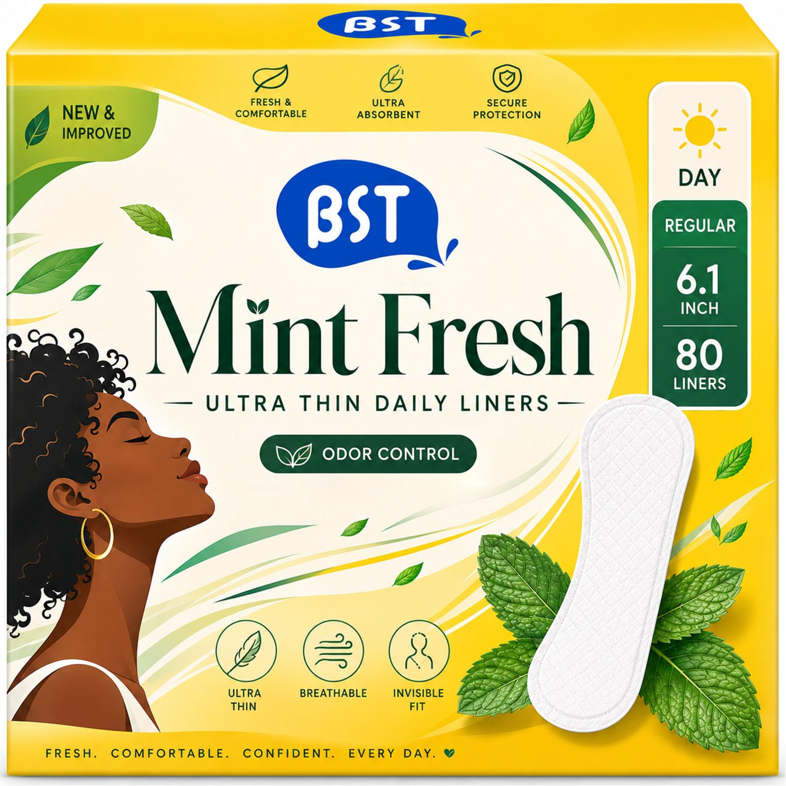 BST Natural Mint Fresh Ultra-Thin Panty Liners for Women, 80 Count