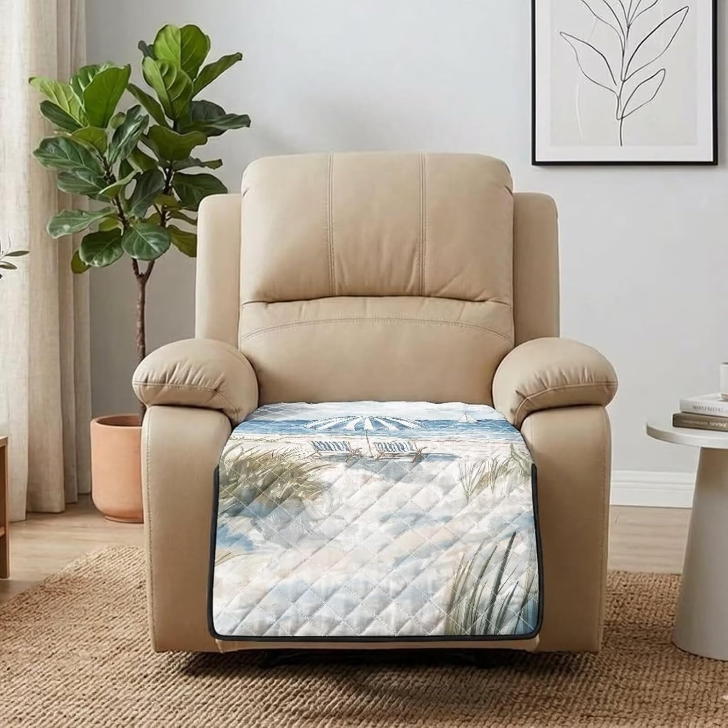 Beach Chair Umbrella Sailboat Print Recliner Chair Cover, Anti-Slip Quilted Recliner Couch Slipcover, Washable Furniture Protector for Living Room, Fits Most Standard Recliners