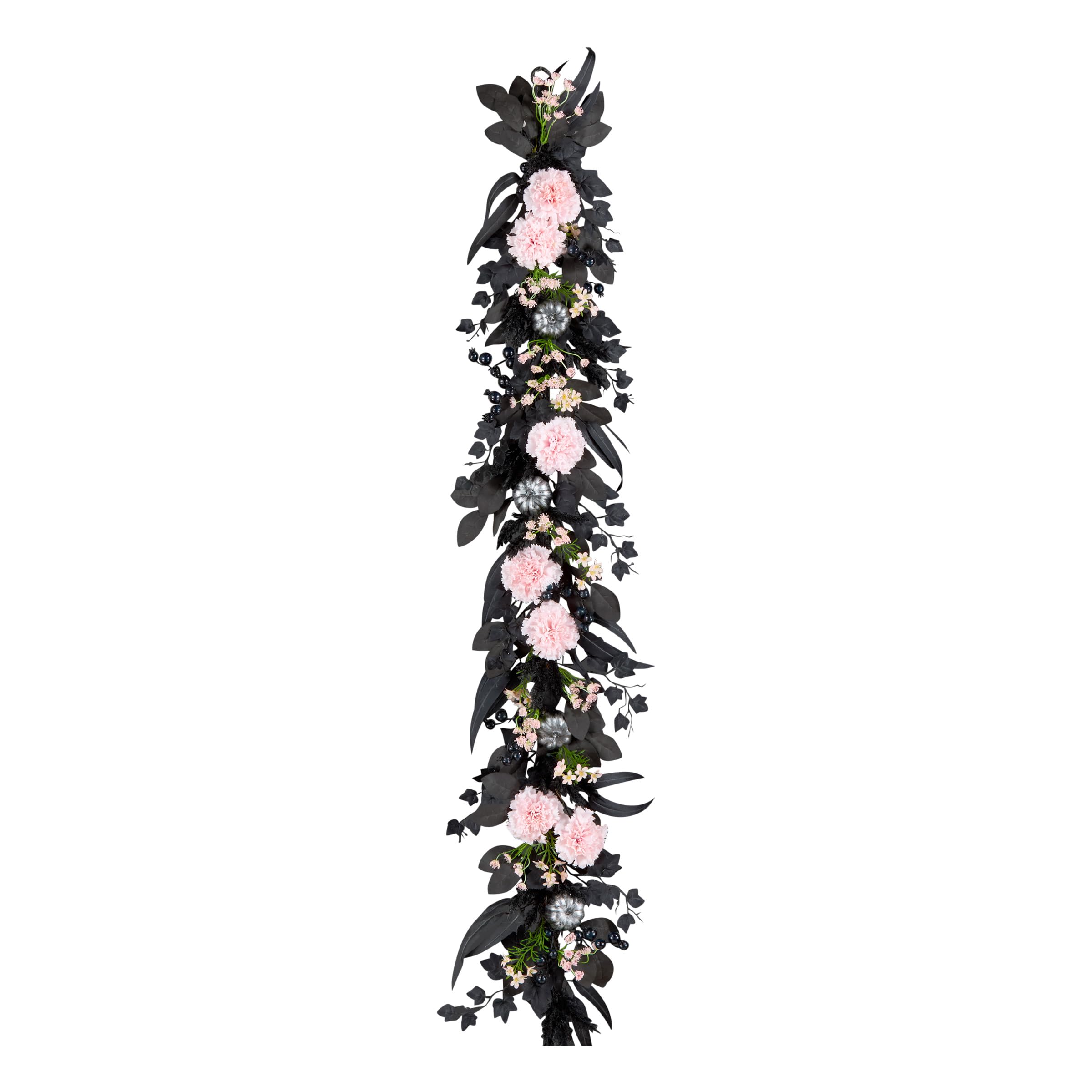 Photo 1 of National Tree Company Artificial Pretty Morbid Pink Carnation Halloween Garland, Black, Silver Pumpkins, 6 Feet