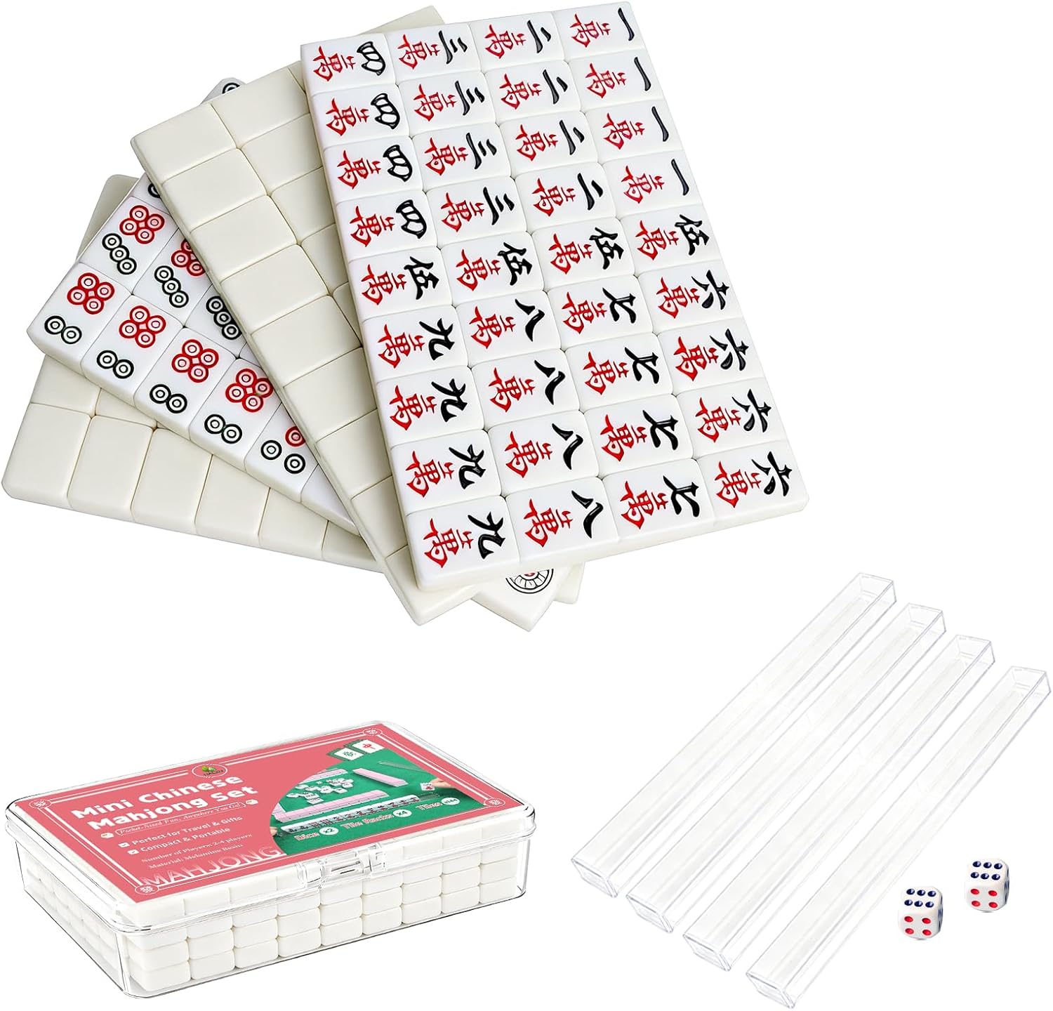 Mini Chinese Mahjong for Travel,144 Pcs Pink Mahjong Tile Set Cute,Portable Travel Mahjong Game for Beginners,Enthusiasts,Outdoor Fun|Complete Mahjong Game Set
