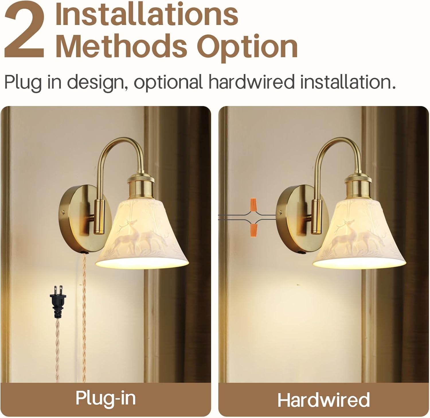 Vintage Ceramic Plug-in Wall Sconces Set of Two, Gold Embossed Wall Sconce Lights with Cord and Switch, Antique Plug in Wall Lamp Fixture for Bedroom Bedside Living Room