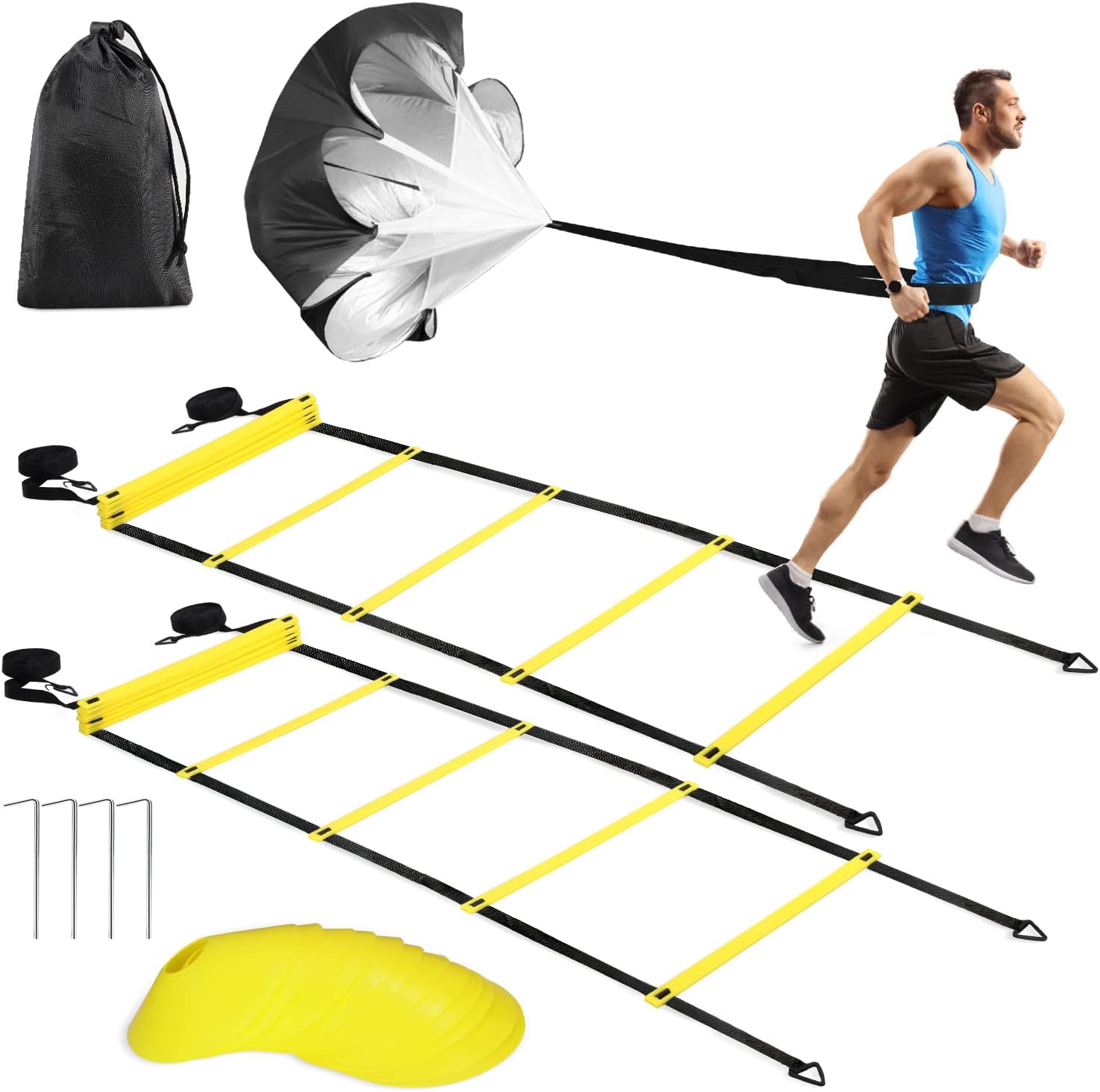 Agility Ladder, Speed Training Equipment- 2 Ladder Drill,12 Disc Cones, 4 Metal Hooks,1 Resistance Parachute,1 Carry Bag for Running Parachute Speed Training