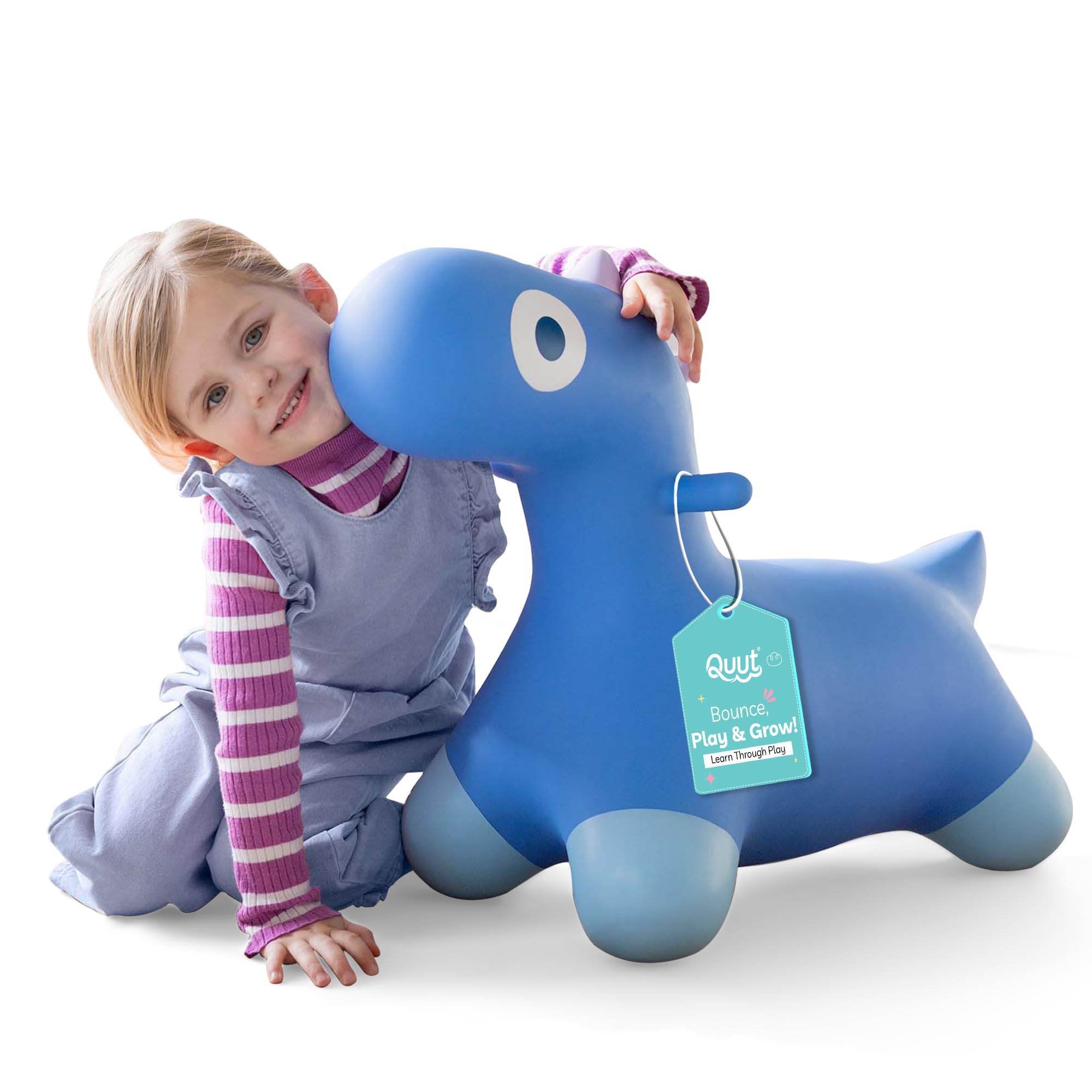 Quut - Hoppi Dino Sauteur - Jouet Sauteur Gonflable - Dino Bascule - extérieur et intérieur - Design - Pompe comprise - Cadeau - dès 18 Mois (Bleu Cosmique)