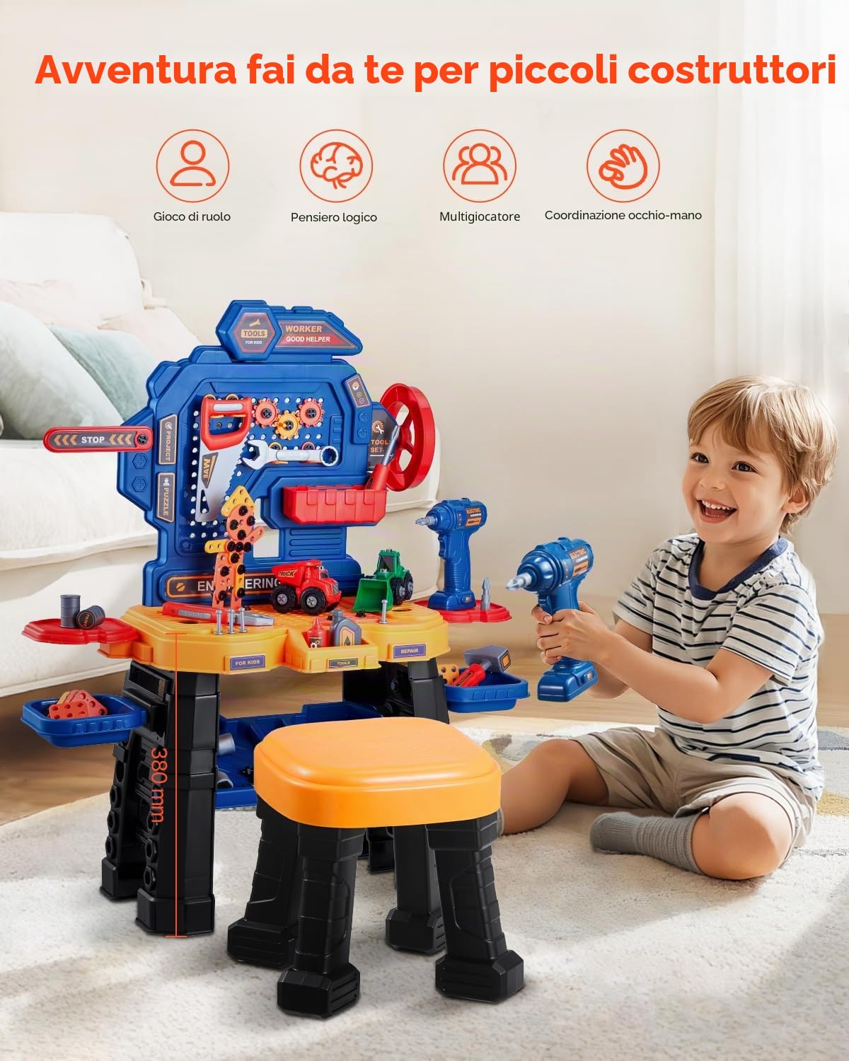 VEVOR Banco da Lavoro e Giocattolo per Bambini 181 Pezzi, Banco in Legno per Bambini da 3 Anni