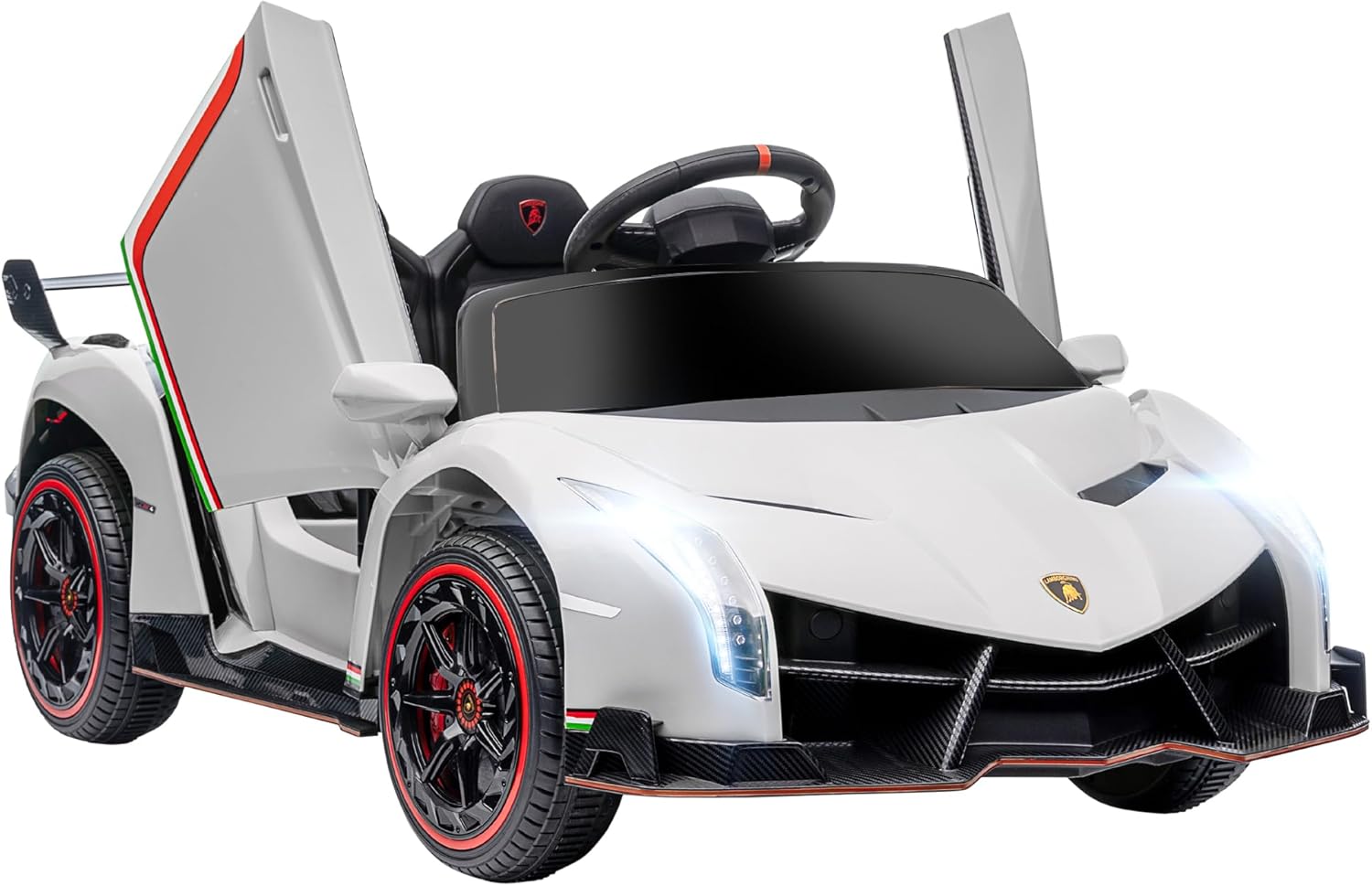 Aosom Lamborghini Veneno Licensed Kids Electric Car with Bluetooth, 12V Ride on Car with Butterfly Doors, Remote Control, Portable Battery, Suspension System, Horn, Songs, Lights, White
