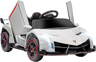 Lamborghini Veneno Licensed Kids Electric Car with Bluetooth, 12V Ride on Car with Butterfly Doors, Remote Control, Portable Battery, Suspension System, Horn, Songs, Lights, White