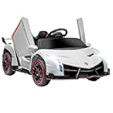 Lamborghini Veneno Licensed Kids Electric Car with Bluetooth, 12V Ride on Car with Butterfly Doors, Remote Control, Portable Battery, Suspension System, Horn, Songs, Lights, White