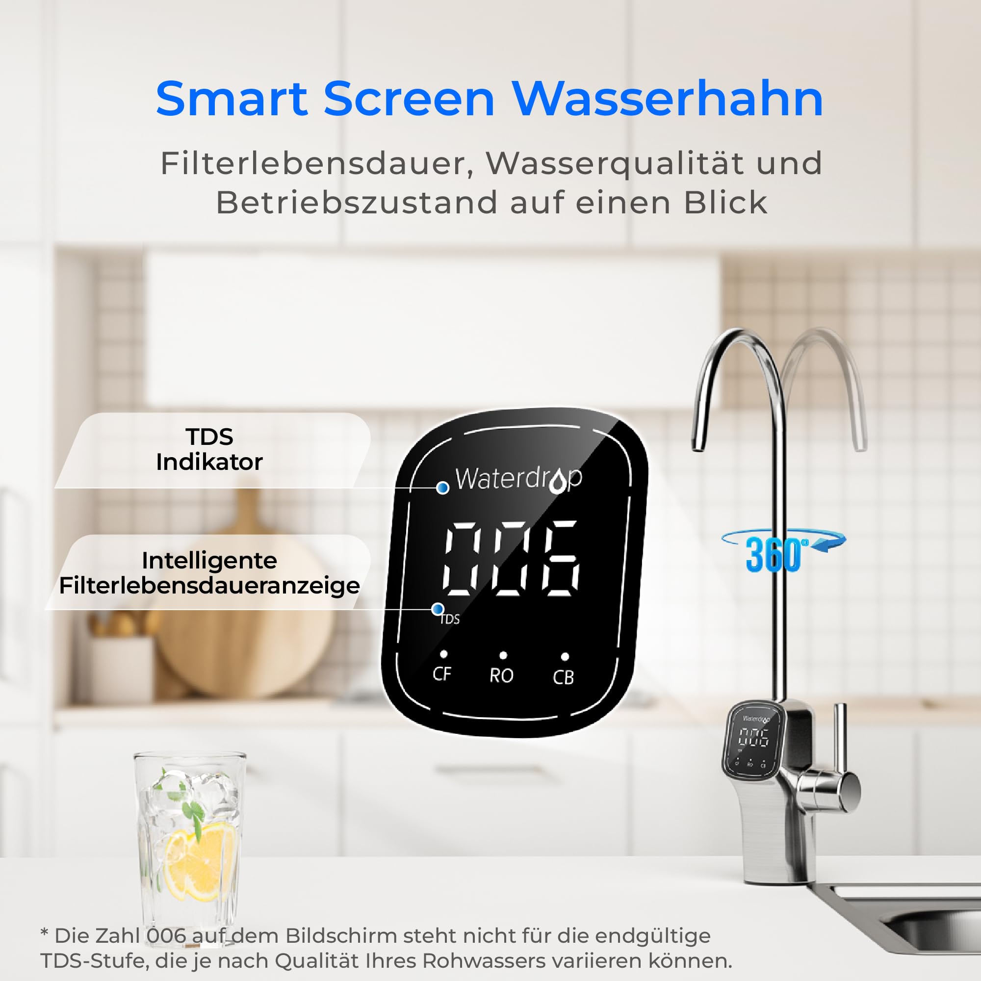 Waterdrop G3P600 Umkehrosmoseanlage, 600 GPD, 8000 Liters, Entkalkungsanlage RO System unter der Spüle, Reduziert TDS, 2:1 Rein zum Abfluss, Intelligenter LED-Wasserhahn