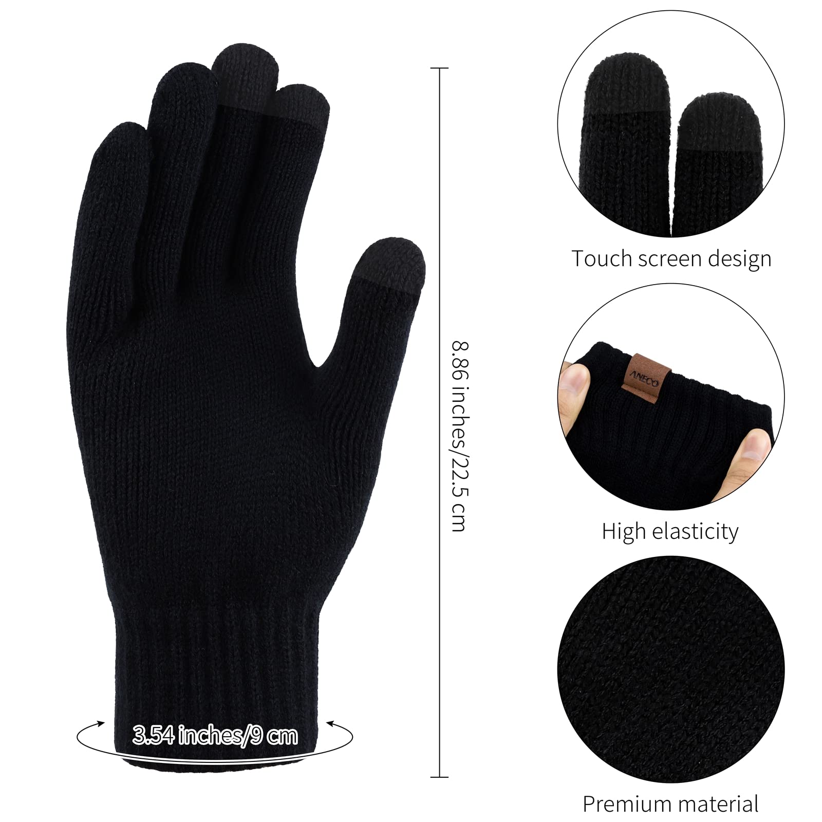 Aneco Guanti in maglia invernale per gli uomini sciarpa più calda cappello beanie paraorecchie termiche guanti touchscreen set per uomini donne