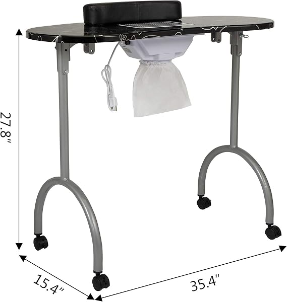 Portable Foldable Manicure Table Nail Table Desk with Electric Dust Collector, 4 Lockable Wheels, Carry Bag, Black