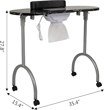 Portable Foldable Manicure Table Nail Table Desk with Electric Dust Collector, 4 Lockable Wheels, Carry Bag, Black