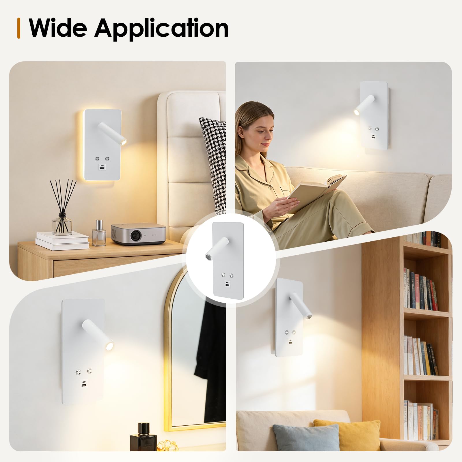 2 lampade da lettura a LED da parete lampada da lettura a intensità regolabile in continuo, lampada da parete con porta di ricarica USB e Type-C e interruttore per camera da letto, hotel(Bianco)