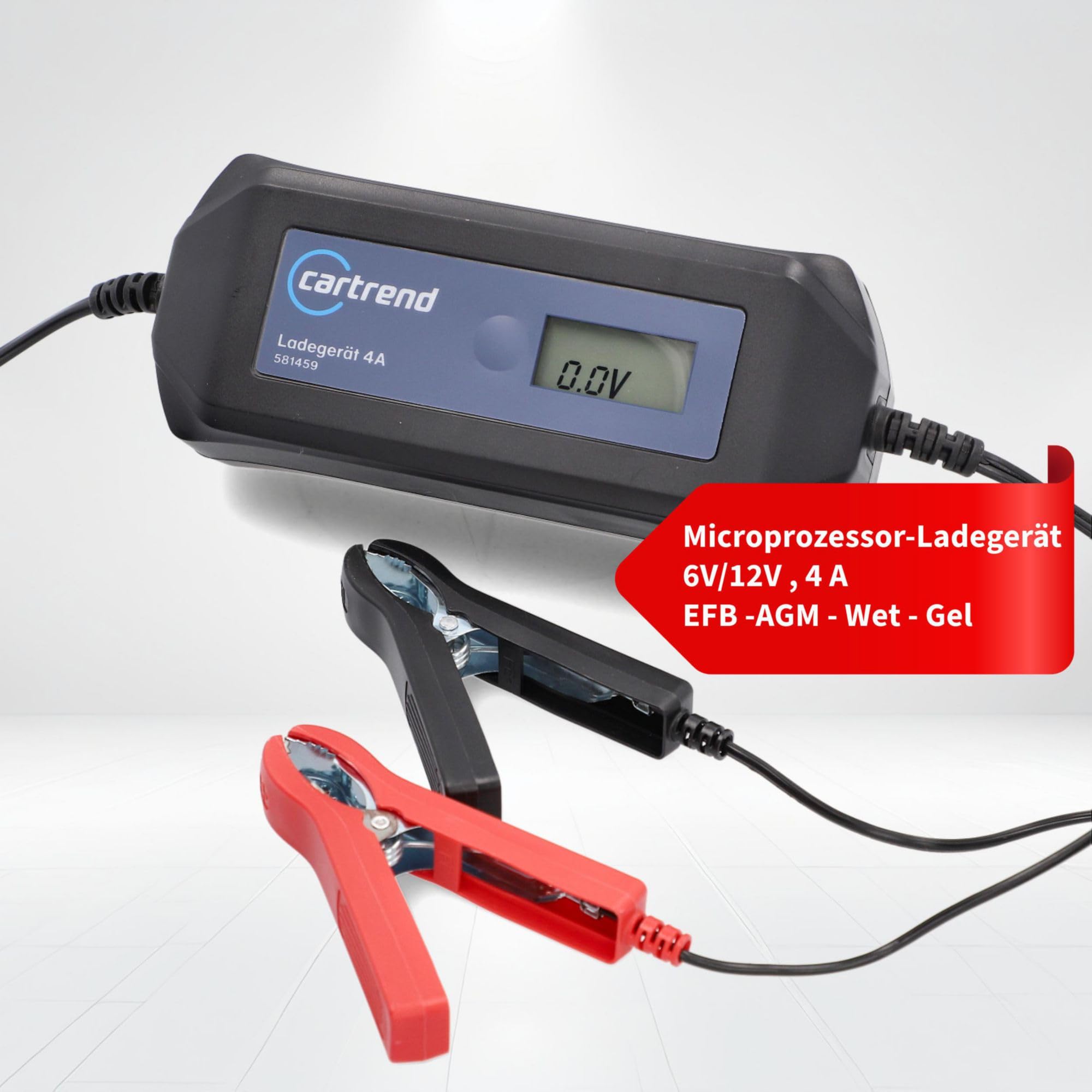 cartrend Mikroprozessor Batterieladegerät DP 4.1, 4A, automatische Diagnose- und Ladefunktion, Autostart nach Netzausfall, LCD-Anzeige, schutzisolierte Polklemmen, für Auto, Motorrad, Boote, Traktoren