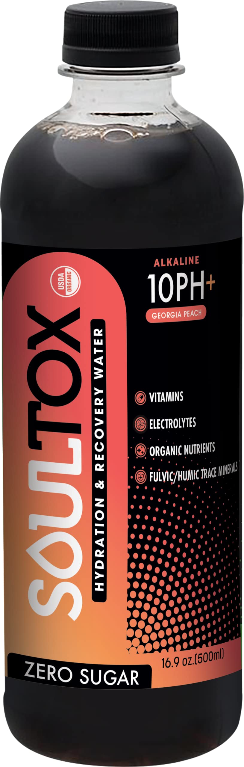 SOULTOX 10 pH Alkaline Water, All-Natural Electrolytes Water, Flavored Water for Detox & Recovery, Vitamin Water with Fulvic & Humic Minerals, 16.9 Oz, Pack of 12, Georgia Peach - Lucky Soul