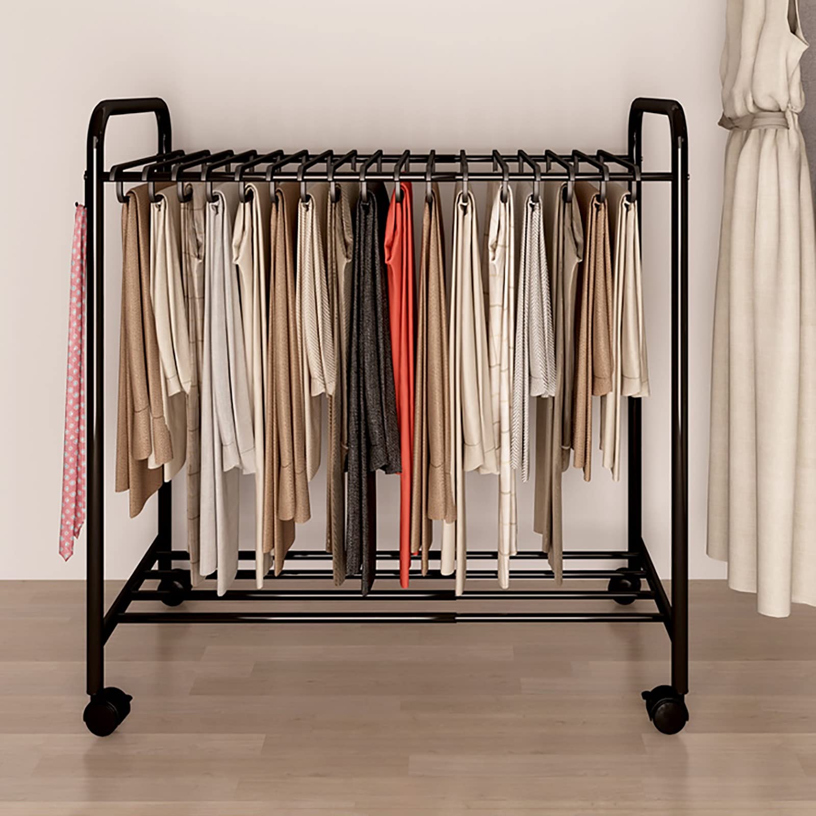 Porte-pantalons télescopique sur roulettes noir robuste pour buanderie
