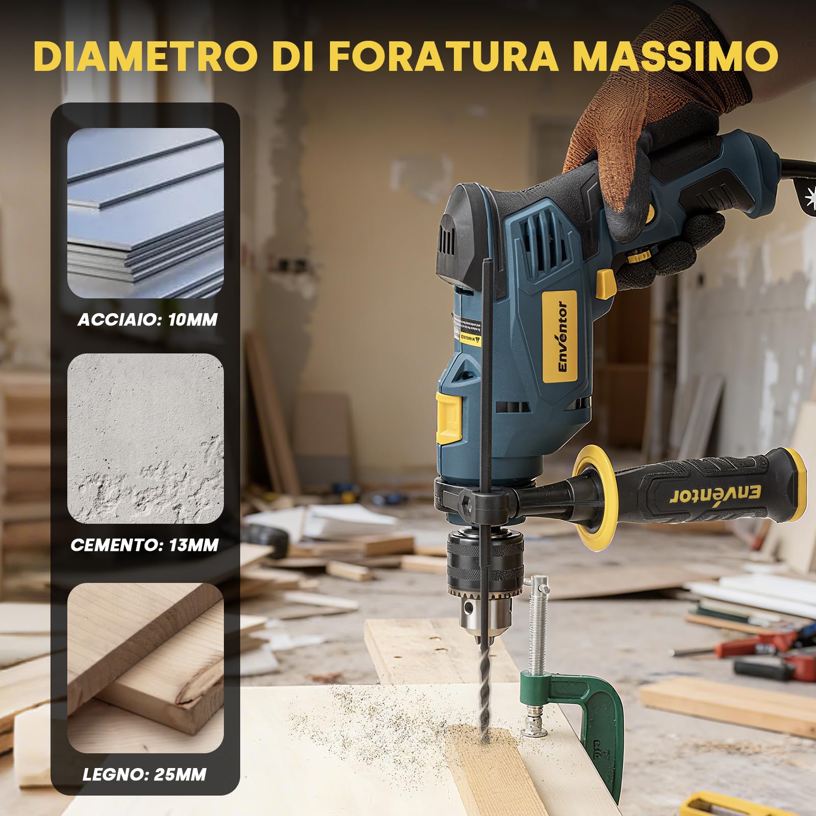 Enventor Trapano a Percussione 750W, Impugnatura Ausiliaria a 360° | Funzione 2 in 1, 0-3100RPM, Mandrino da 13MM, Trapano Elettrico a Filo per Calcestruzzo, Metallo e Legno