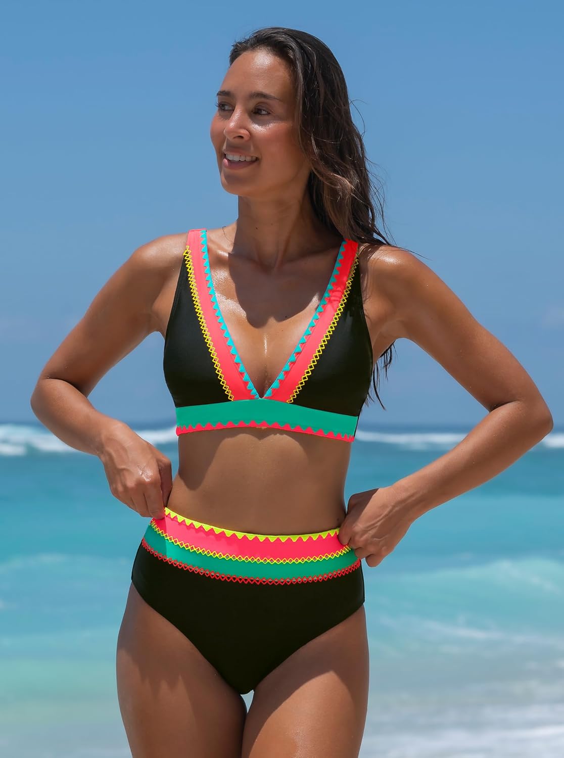 popvil High Waisted Bikini Sets for Women Two Piece Swimsuit Neon Bathing Suits V Neck Full Coverage Swim Suits 2026 - Image 4