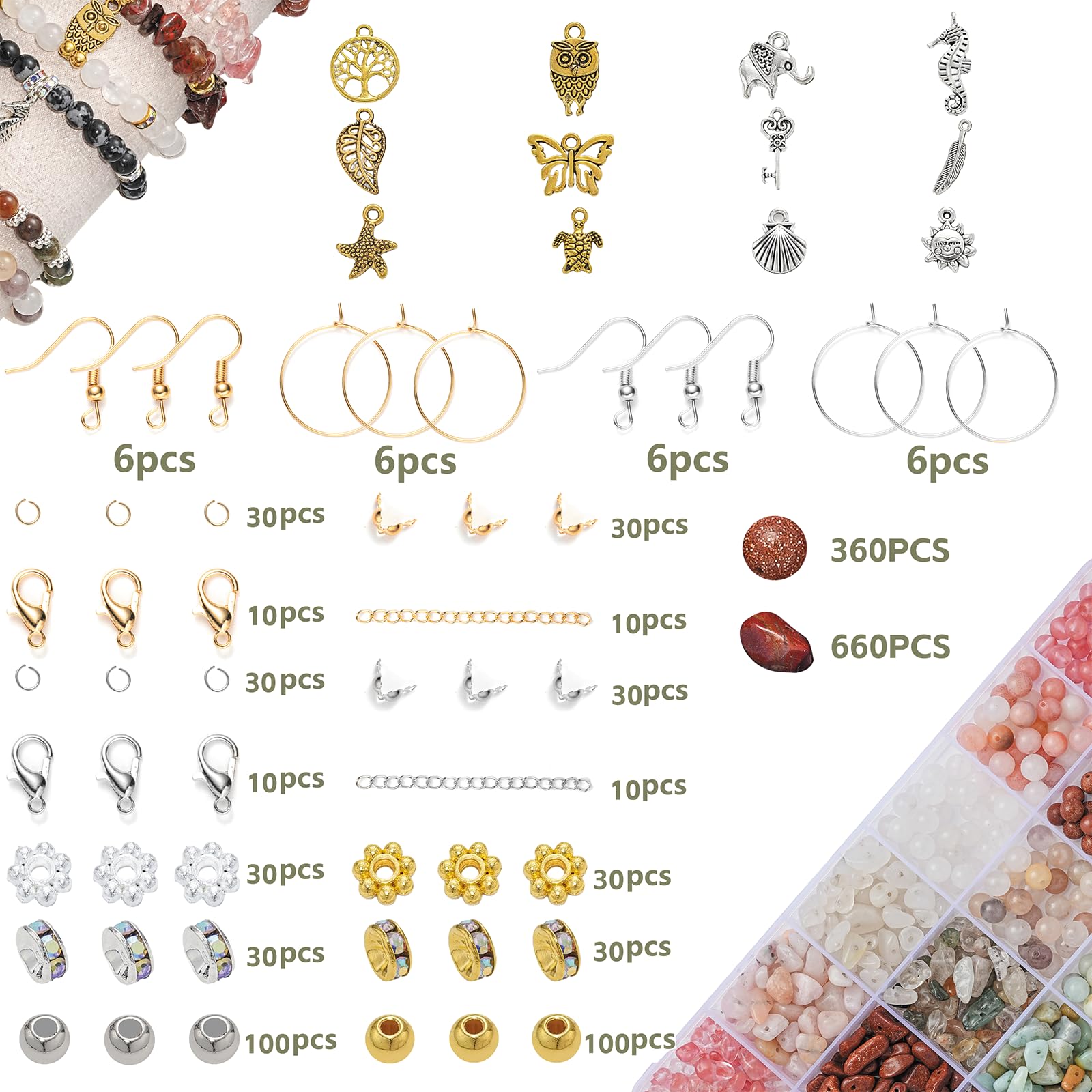 Leuyuee Perle naturali per braccialetti di perle con pietre preziose Set di perle da infilare Set di perline per albero di cristallo fai da te Albero della vita Gioielli fai da te Collana Orecchini