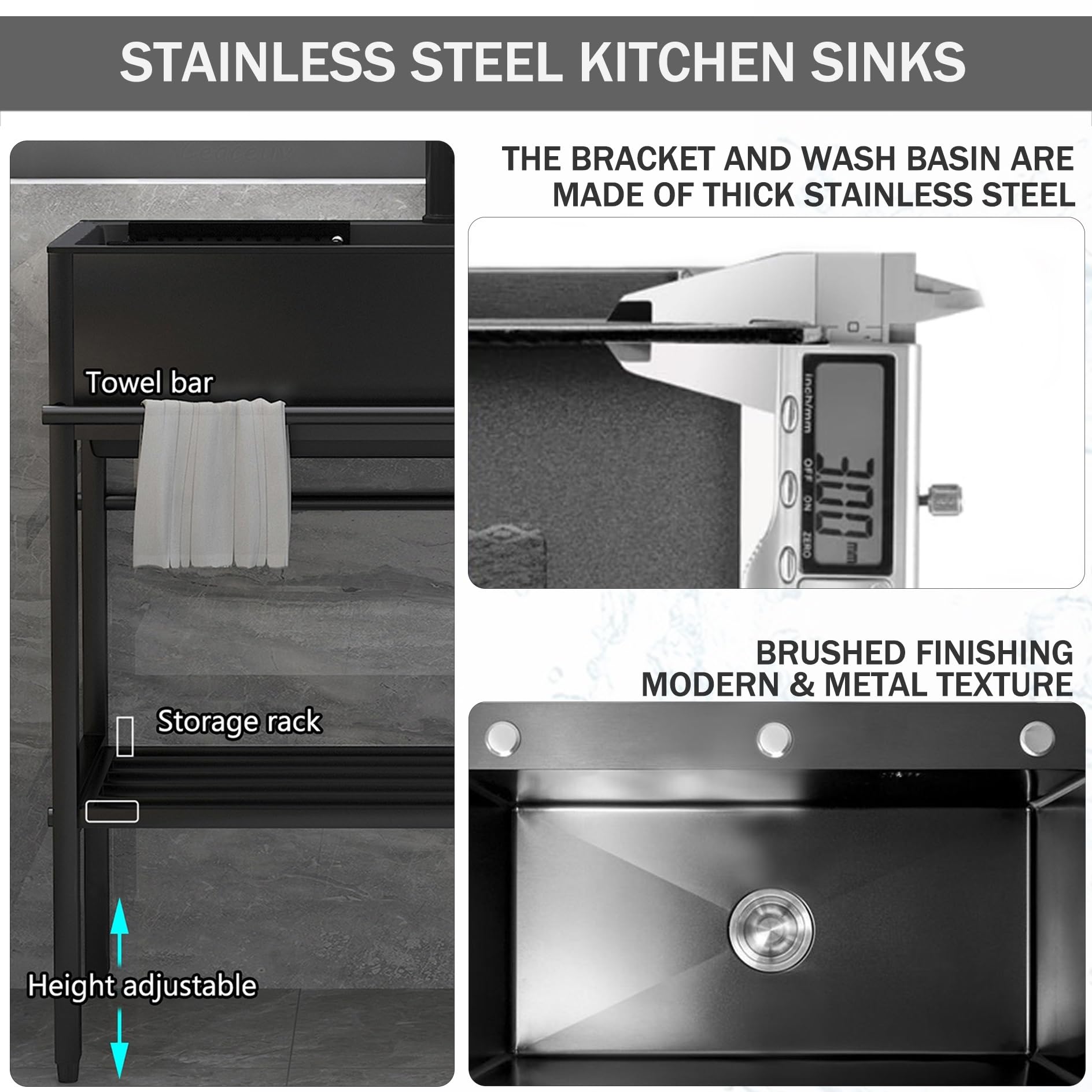Fregadero Exterior Jardin,Fregadero de Acero Inoxidable,Fregadero de Cocina Negro, 1 Compartimento,Mueble Fregadero de baño con Grifo,para Restaurante Garaje Industrial Lavandería(60x45x86cm)