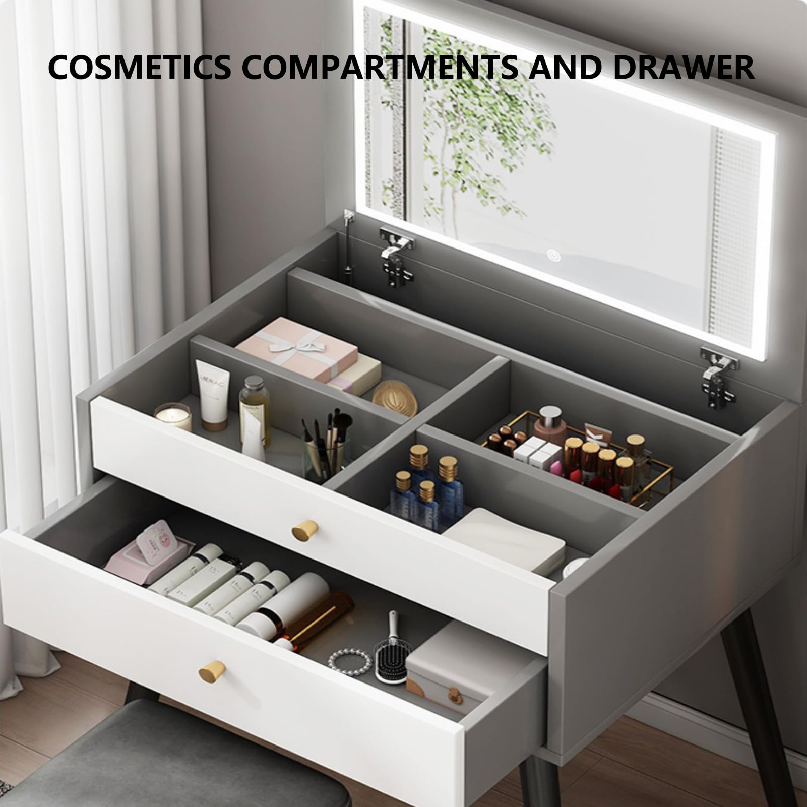 GUQASDV Consolle Trucco Salvaspazio Con Luci E Cassetti - Scrivania Toeletta In Legno Massello Beige (70x40x78 Cm) - 3 Colori Luce Regolabili