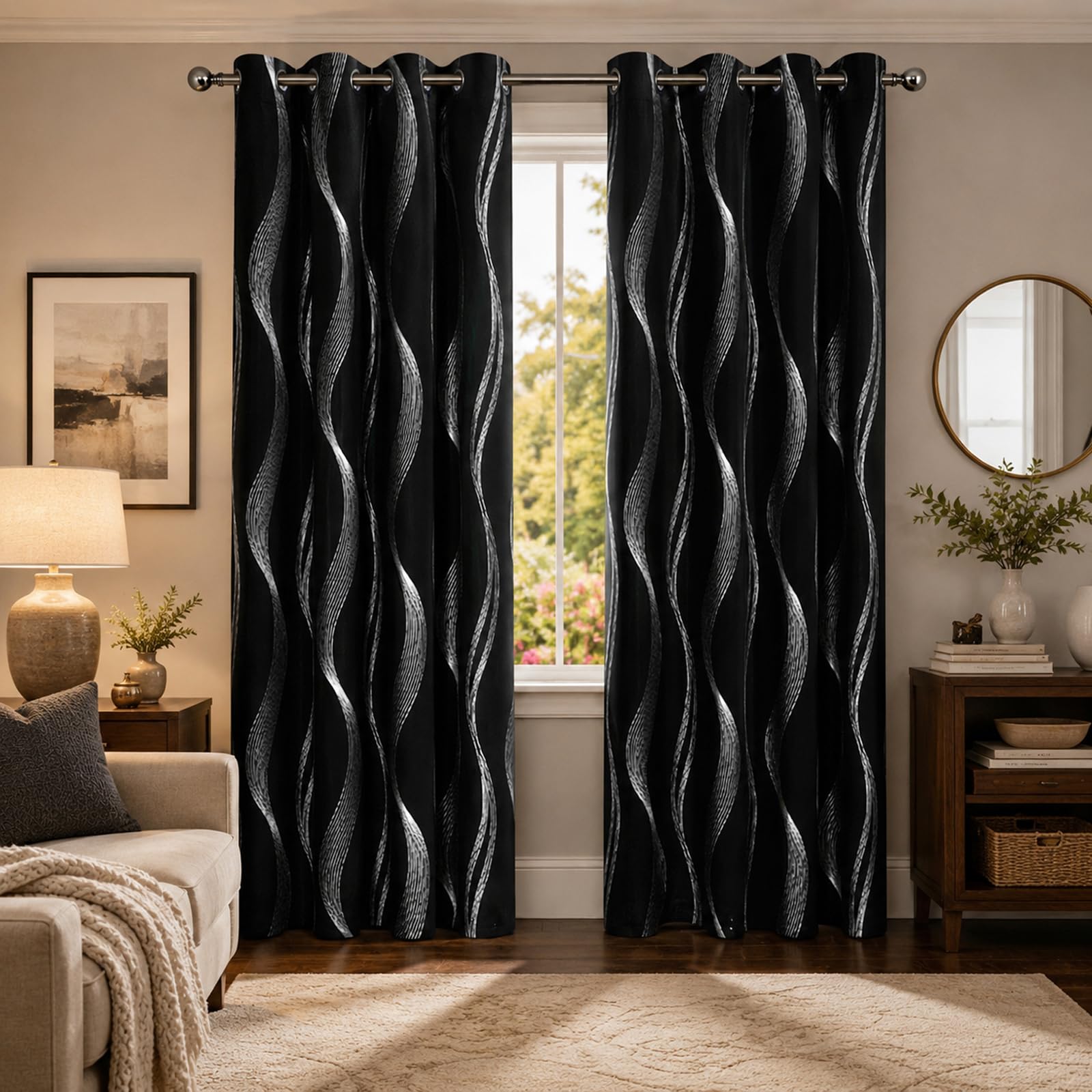 SSWH Blackout Curtains for Bedroom, Wave Line Thermal Insulated Eyelet Curtains Room Darkening Window Drapes for Living Room Privacy Protection(Size:132 * 241cm/52" W*95" L (2 Panels),Color:Black)