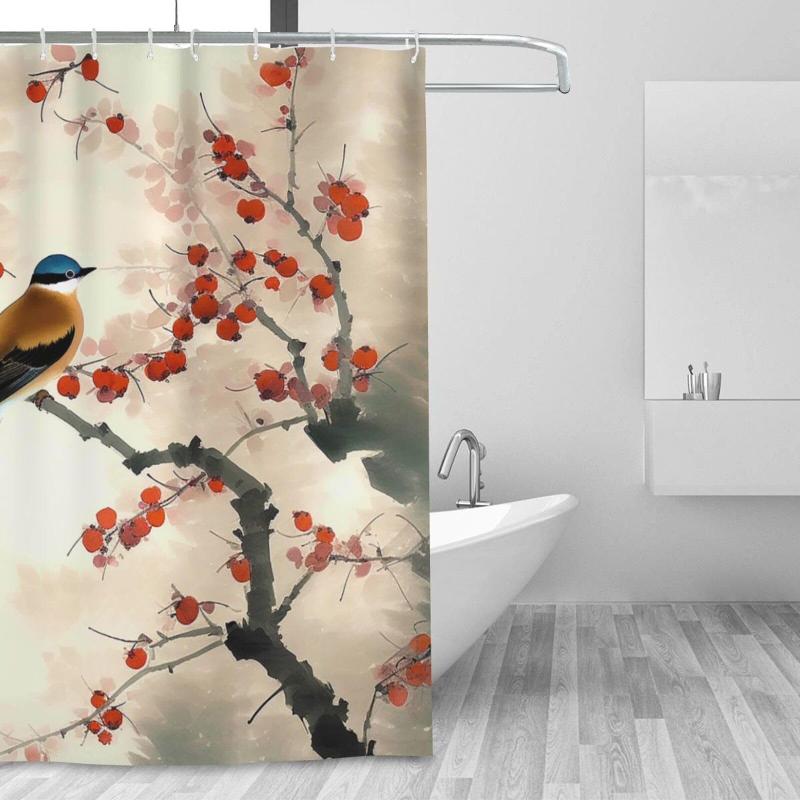 Rideau de douche oiseau et feuille de prunier imperméable lavable avec 12 crochets 183x183 cm