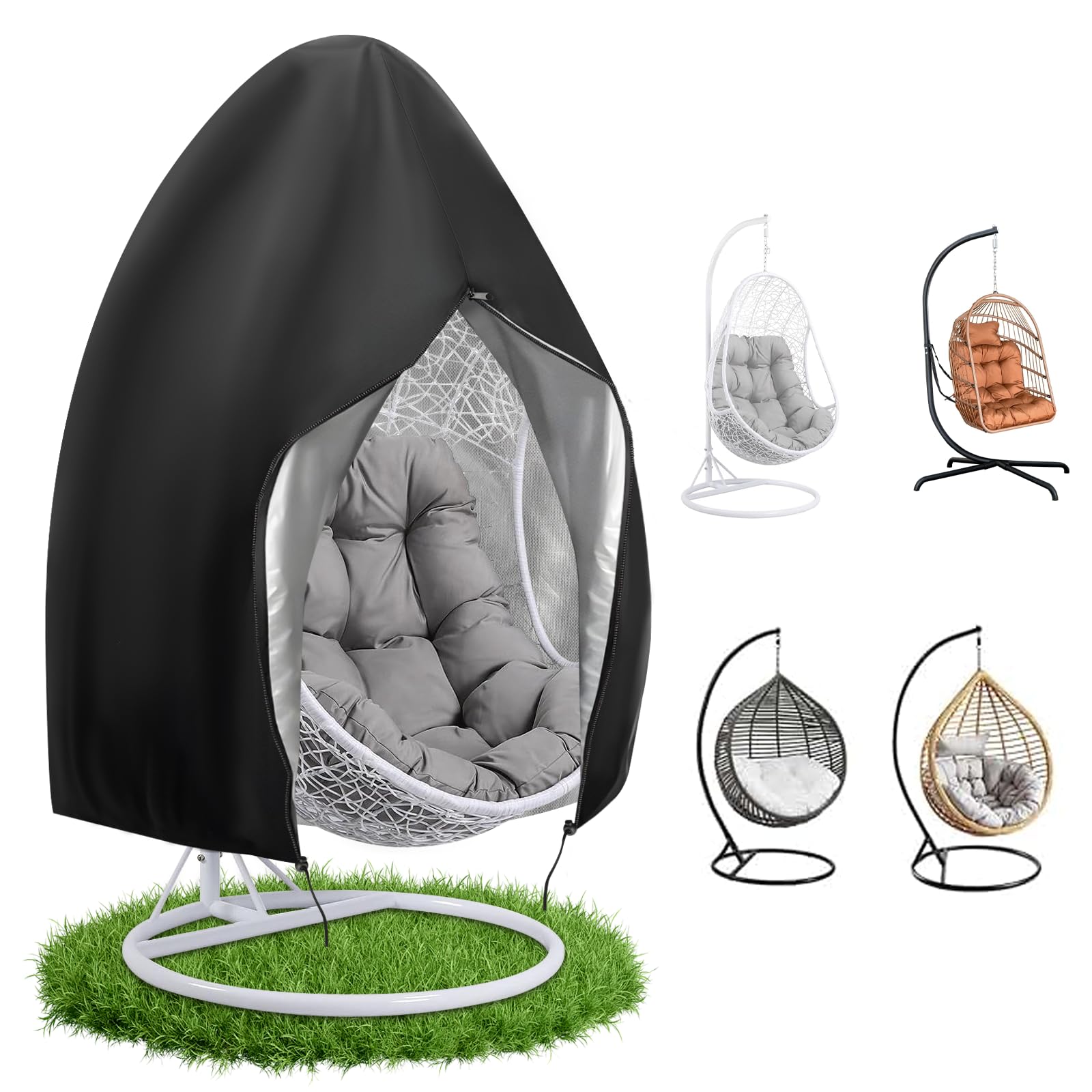 Kingling Egg Chair Cover - Outdoor Single Seat Swing Egg Chair Covers Waterproof with Zipper, Heavy Duty Waterproof Hanging Egg Chair Covers (Cover Only), 131D×165H cm, Black