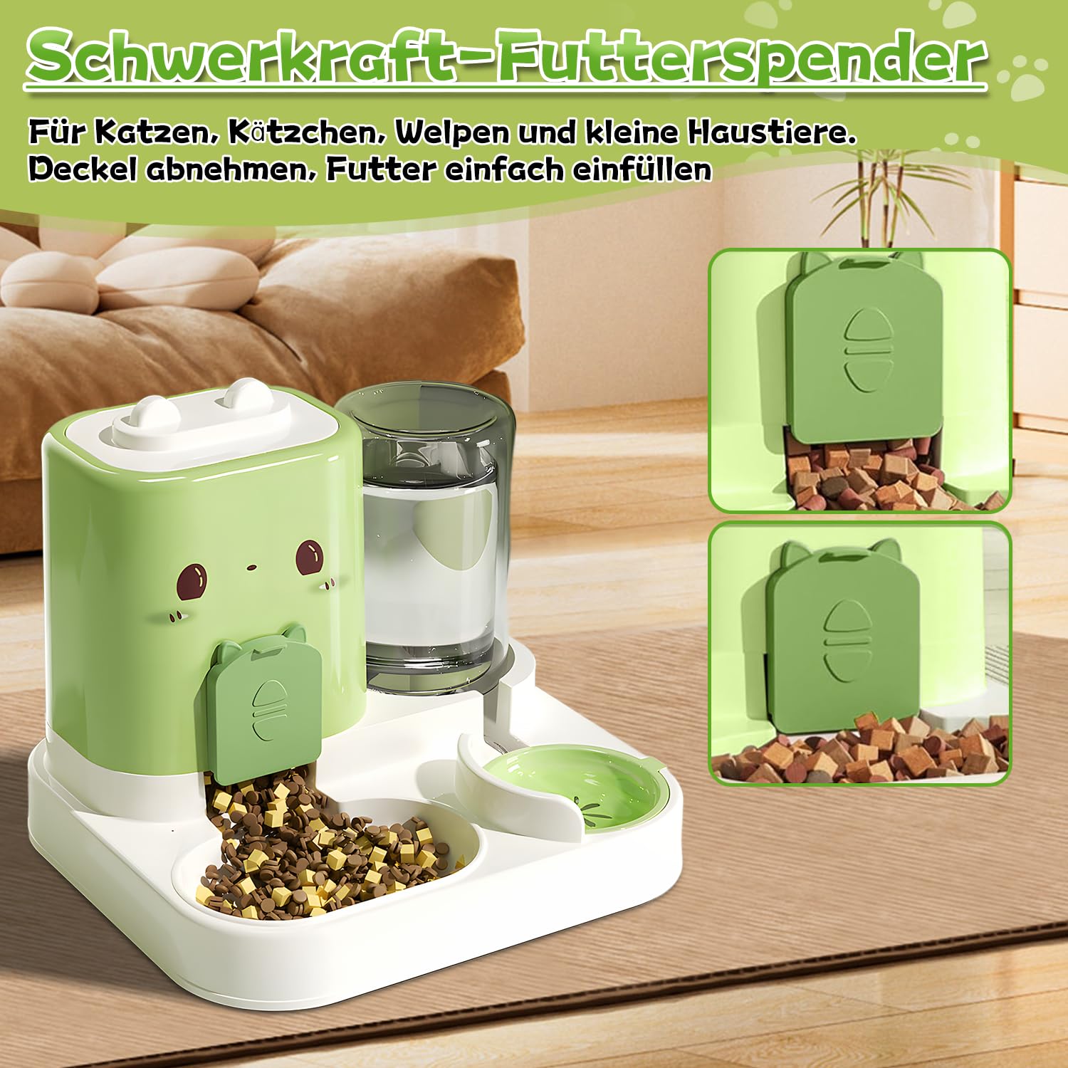 Automatischer Futterspender für Katzen/Hunde, Futterautomat Katze, 2-In-1 Automatischer Katzenfutter, 0.8l Wasser + 1.8l Katzen Futterautomat für Kleine Hunde, Katz-en