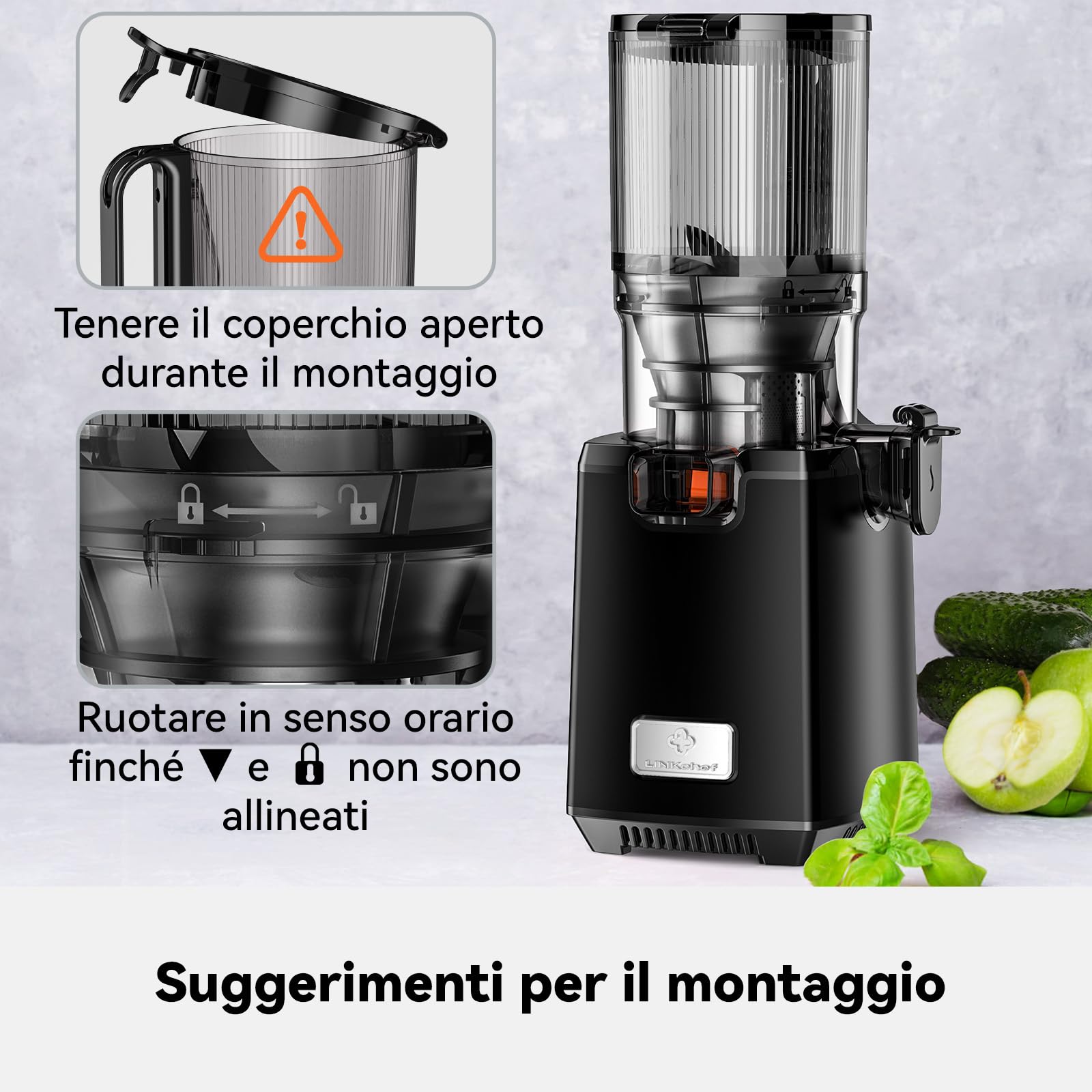 LINKChef Estrattore Frutta e Verdura con Centrifuga 130mm, Estrattore di Succo Slow Juicer, BPA-Free, Capacità 1.8L, Facile da Assemblare,Operazione One-Touch
