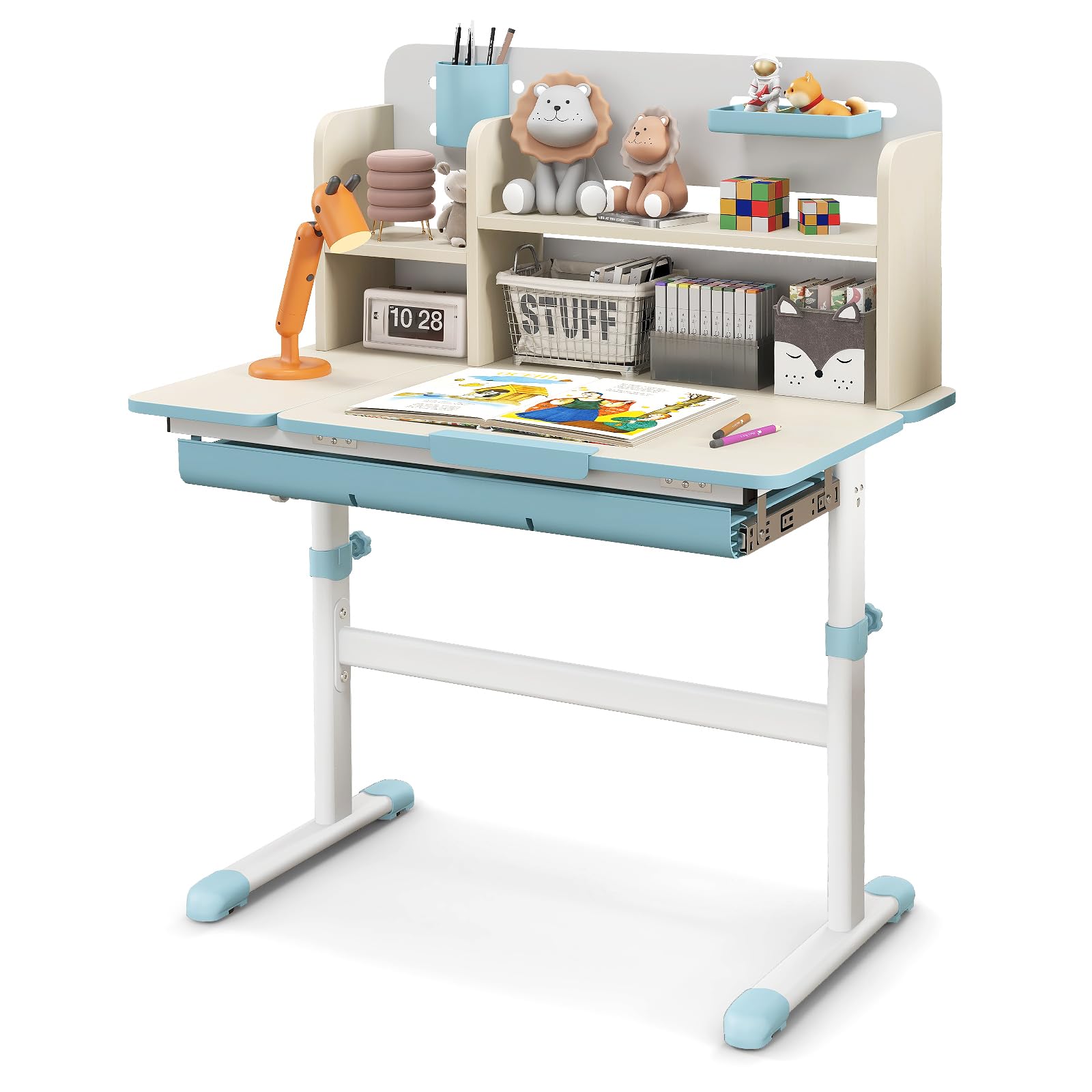 GOPLUS Escritorio de Estudio Infantil Multifuncional con Escritorio Inclinable, Mesa de Estudio para Niños Altura Ajustable, Cajón Extraíble, Soporte para Libros, para Niños de 3-12 Años (Azul)